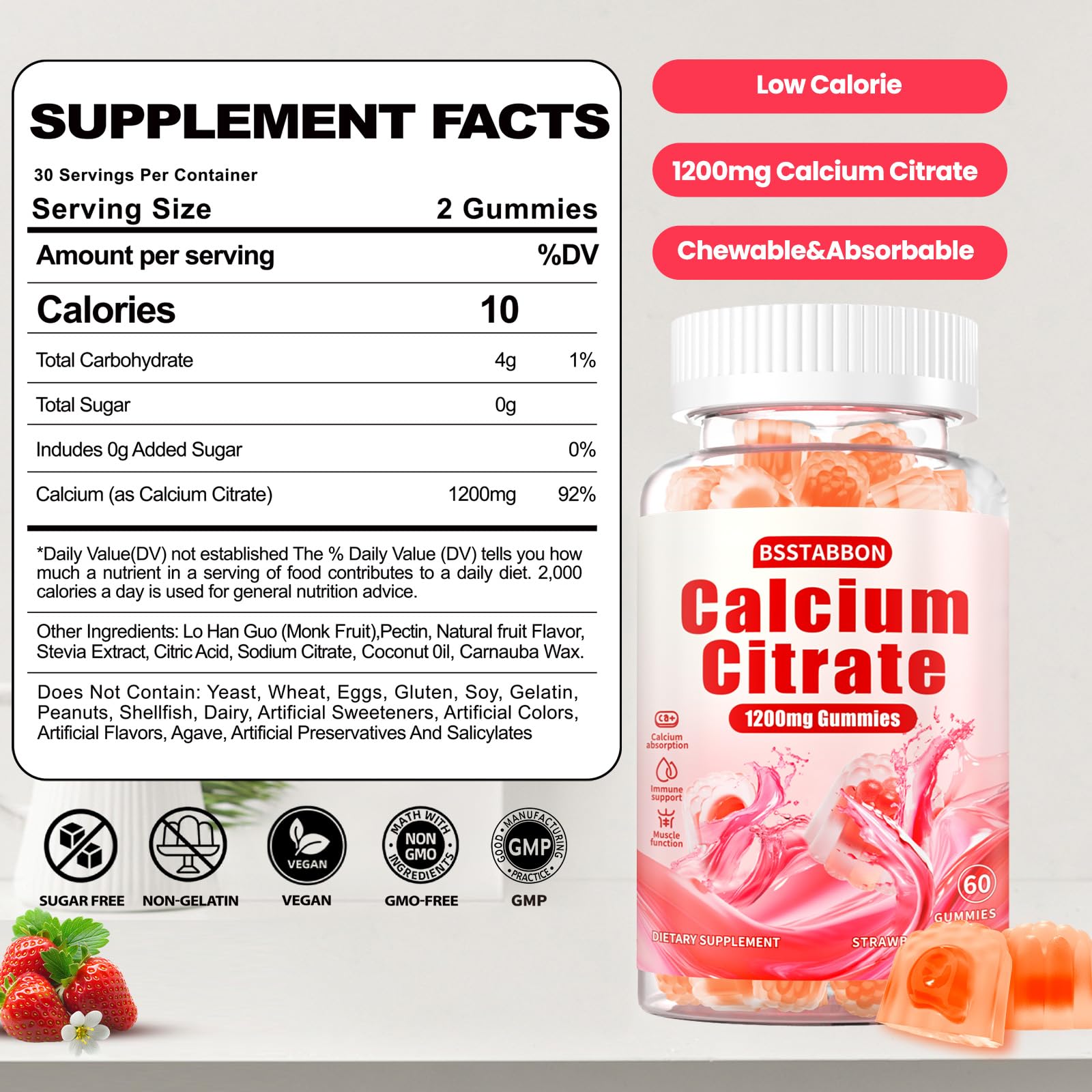 BSSTABBON Calcium Gummies showing strawberry flavour