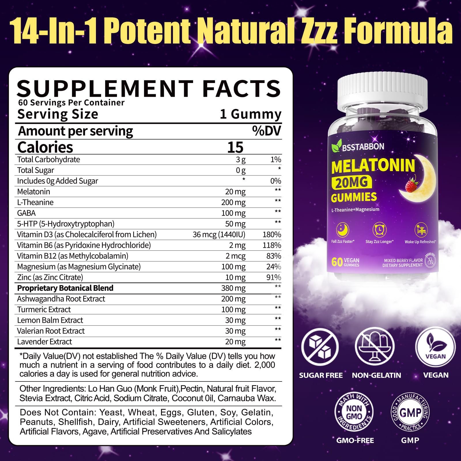 BSSTABBON Melatonin Gummies 20mg back view with ingredient list