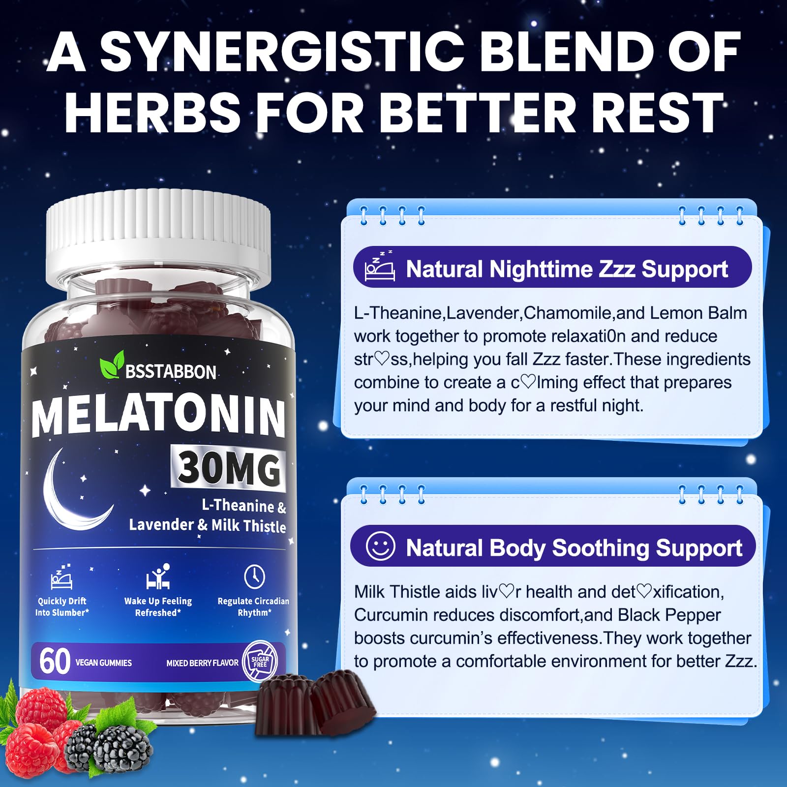 BSSTABBON Melatonin Gummies 30mg ingredients list on the packaging