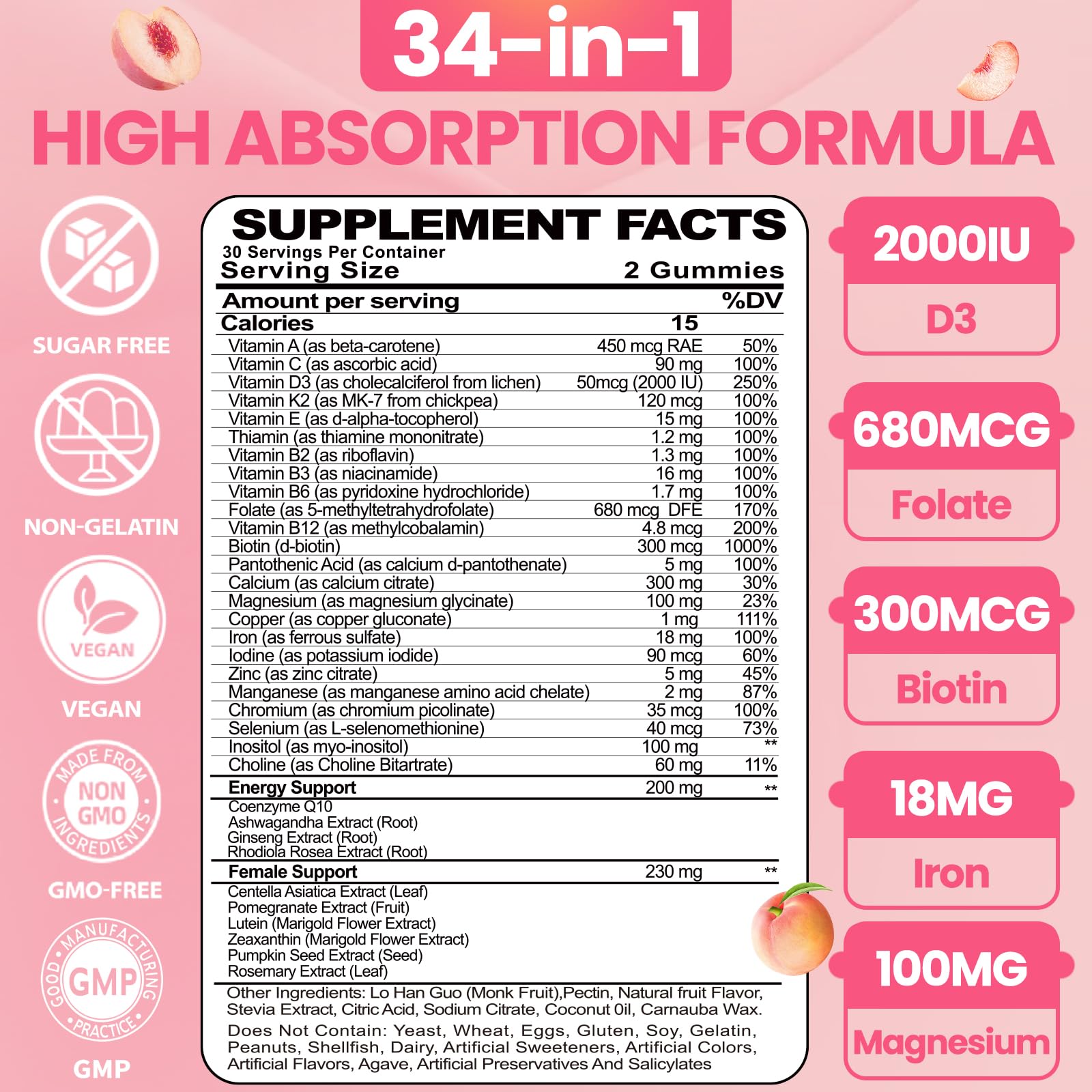 BSSTABBON Women's Multivitamin Gummy peach flavour gummies