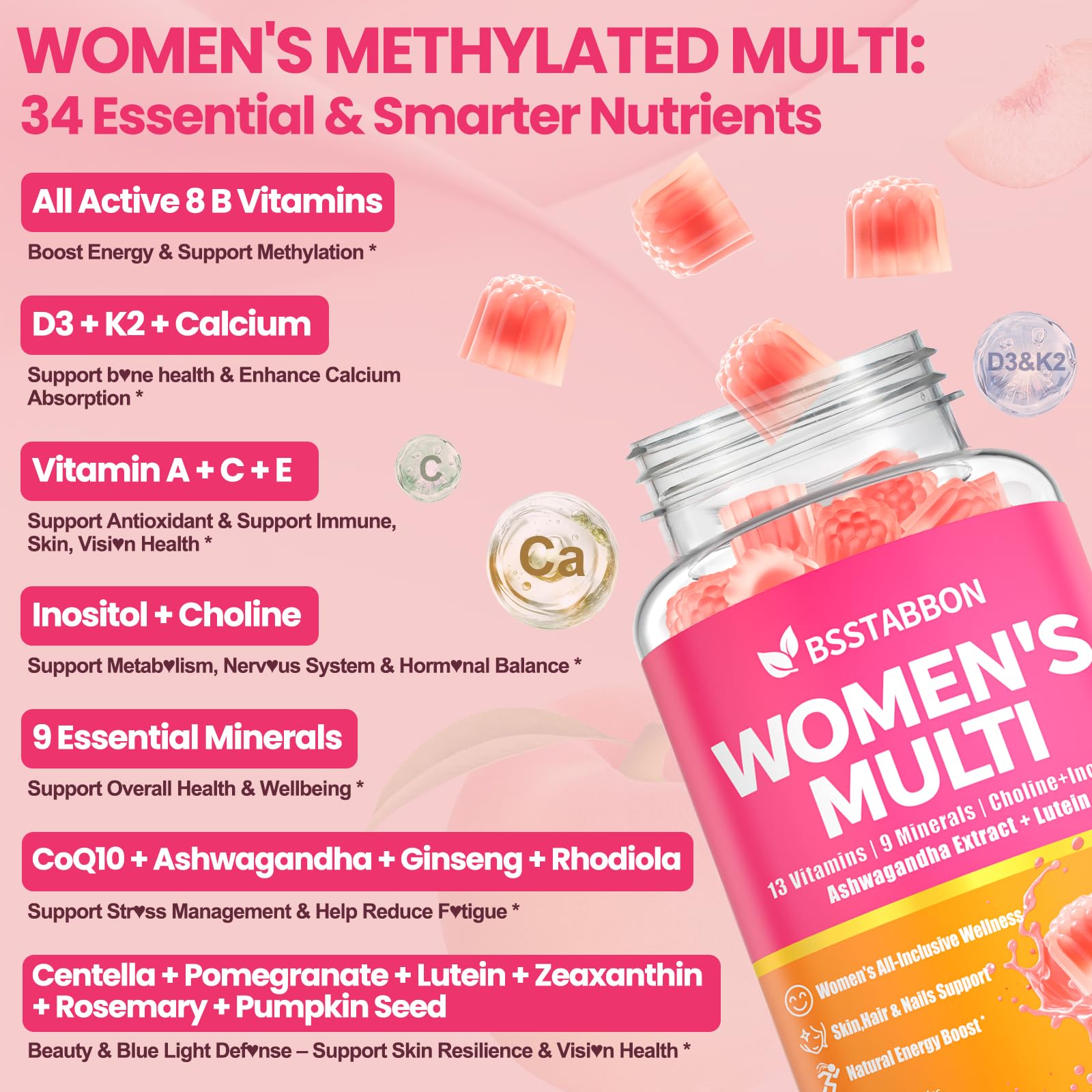 BSSTABBON Women's Multivitamin Gummy side view showing ingredients