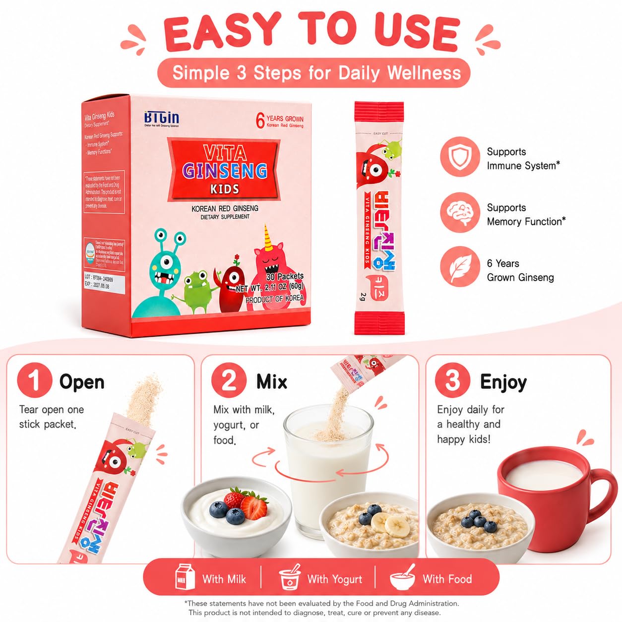 BTGIN Korean Red Ginseng Daily Nutrition Powder displayed with fruits and vegetables