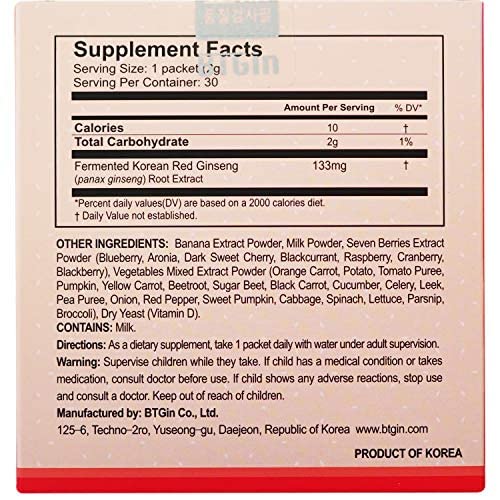BTGIN Korean Red Ginseng Daily Nutrition Powder stick packet with a spoonful of powder
