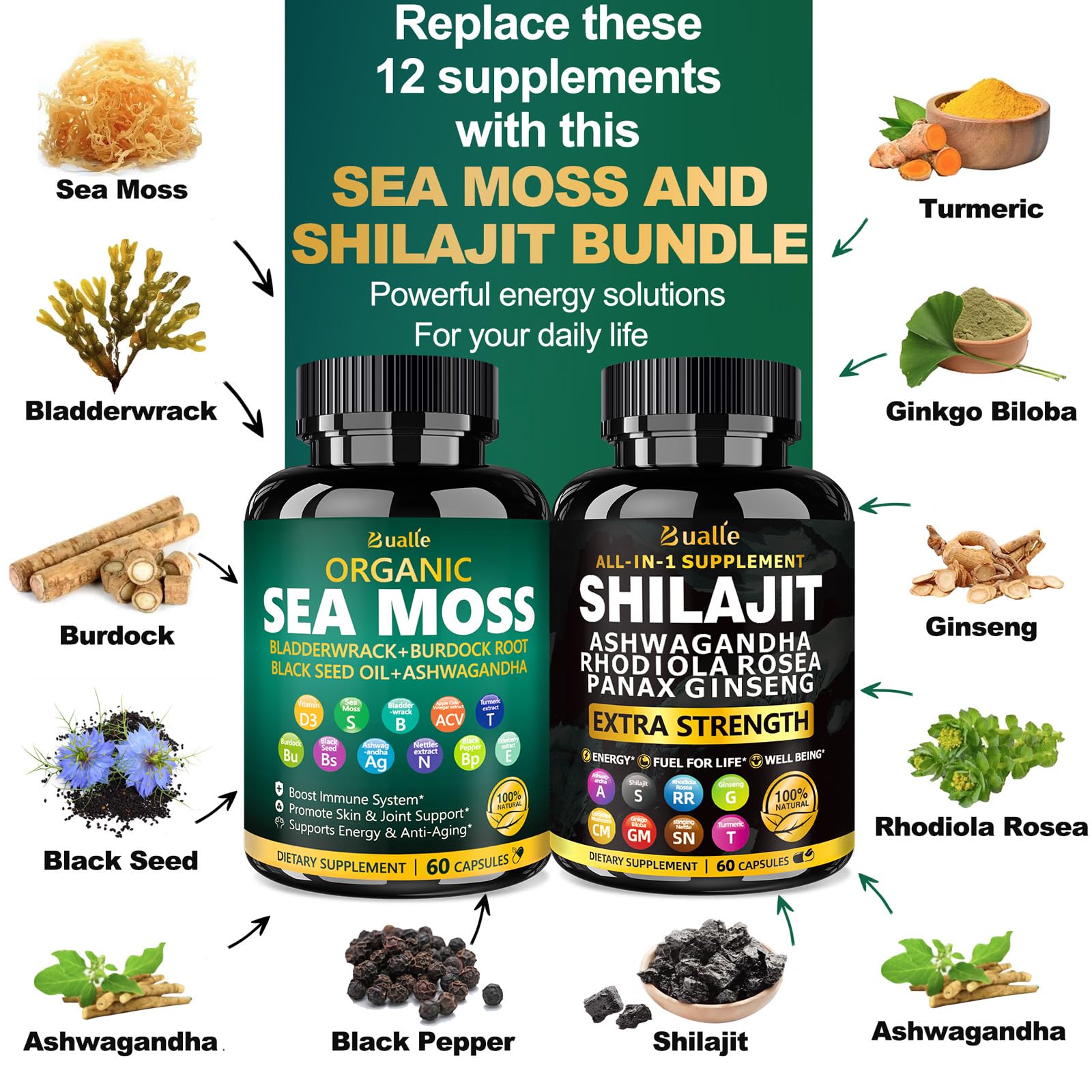 Bualle Organic Sea Moss & Shilajit Capsules side view