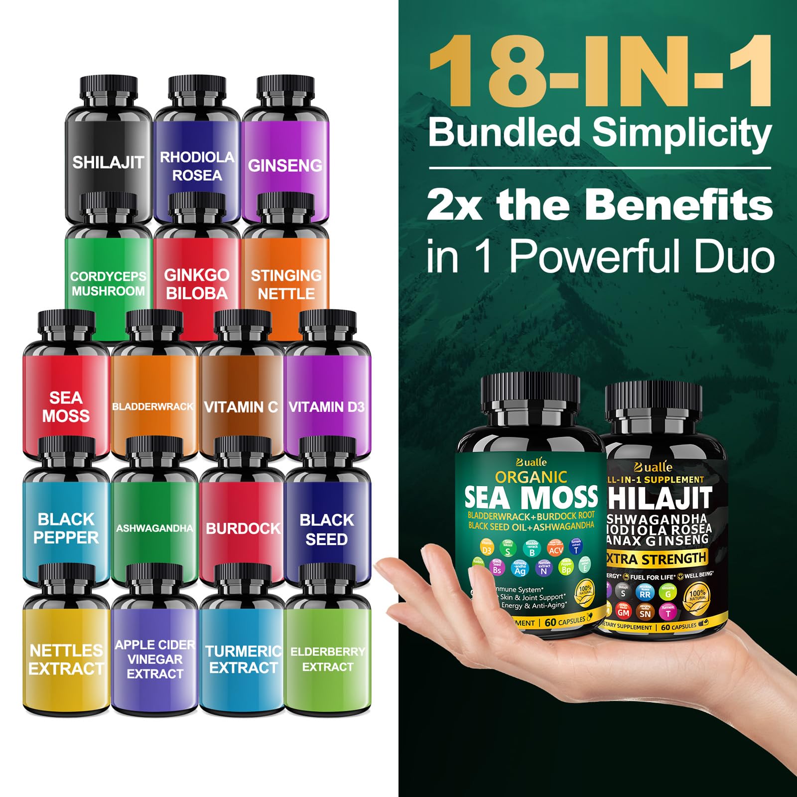 Bualle Organic Sea Moss & Shilajit Capsules with a glass of water