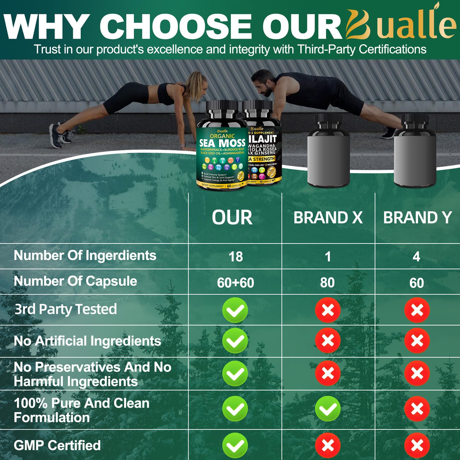 Bualle Organic Sea Moss & Shilajit Capsules with a measuring spoon