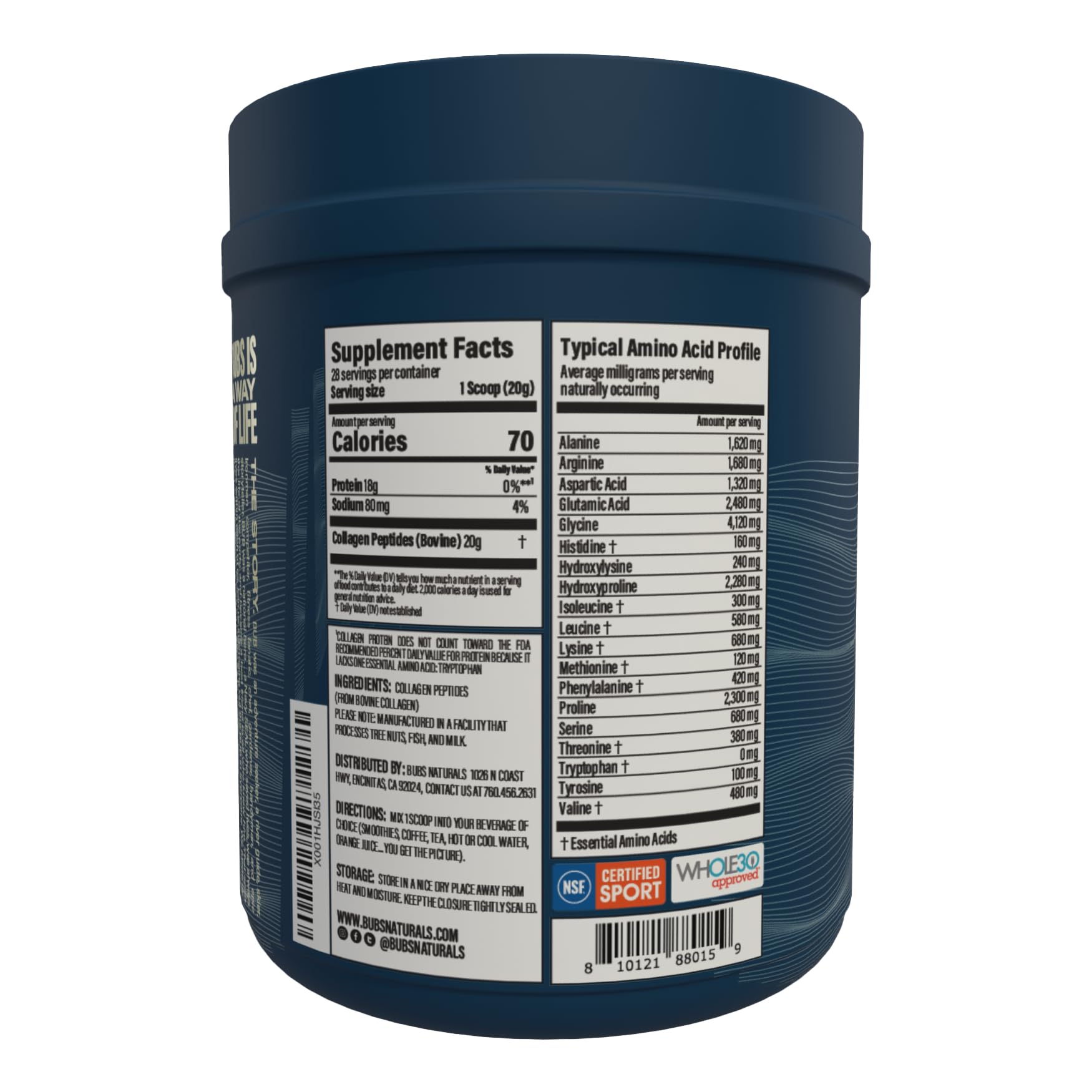 BUBS Naturals Collagen Peptides 544g back view packaging