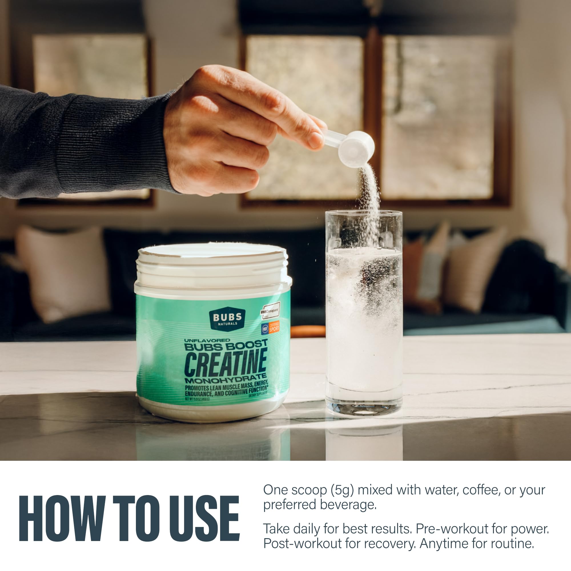 BUBS Naturals Creatine Monohydrate 450g on a gym bench