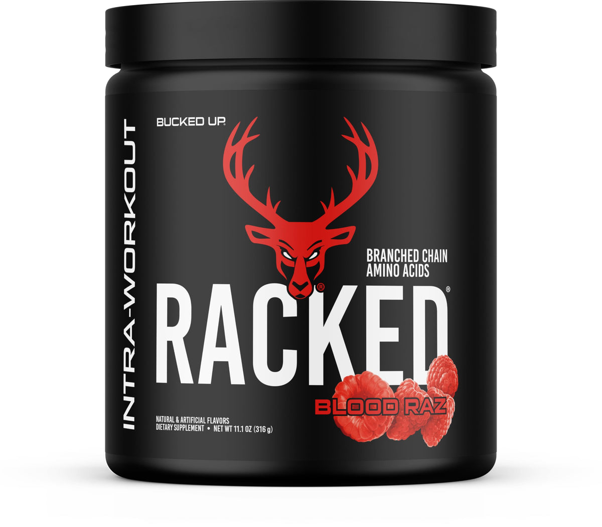 Bucked Up BCAA 2-1-1 Blood Raz flavour tub front view