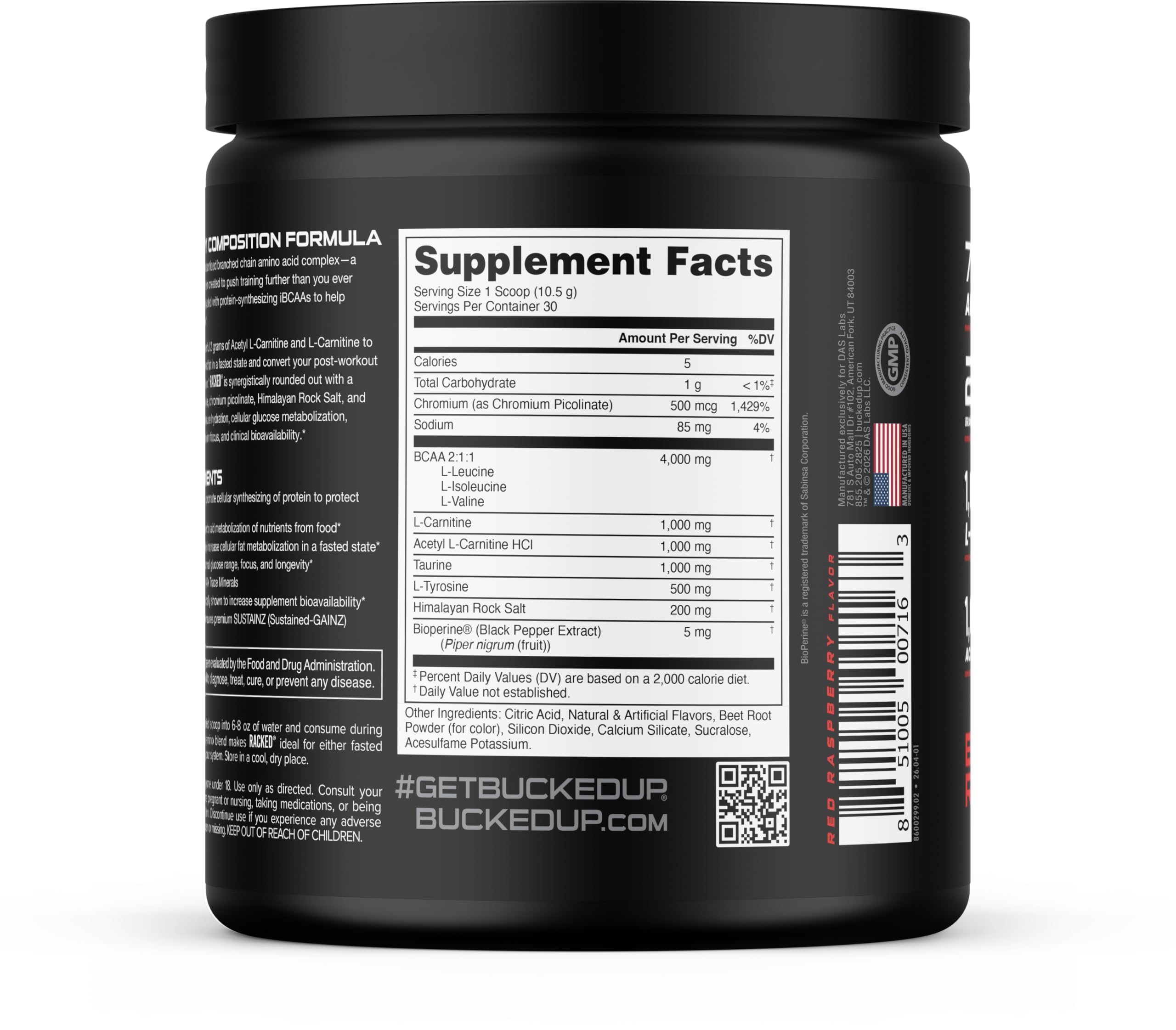 Bucked Up BCAA 2-1-1 Blood Raz flavour tub side view