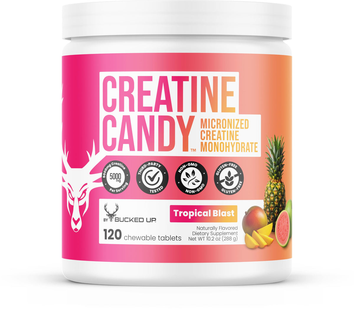 Bucked Up Creatine Candy Tropical Blast flavour chewable tablets front view