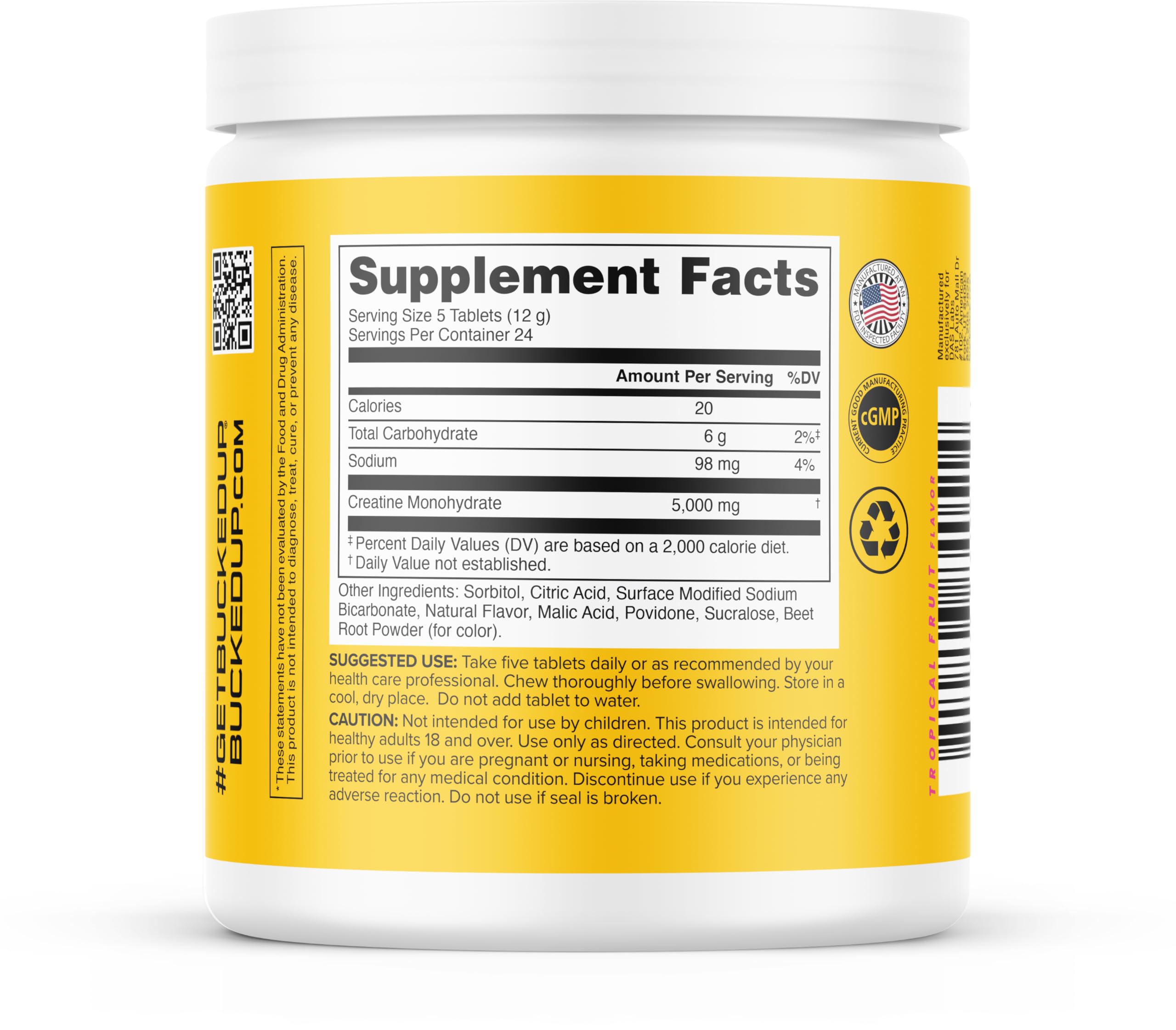 Bucked Up Creatine Candy Tropical Blast flavour tablets close-up