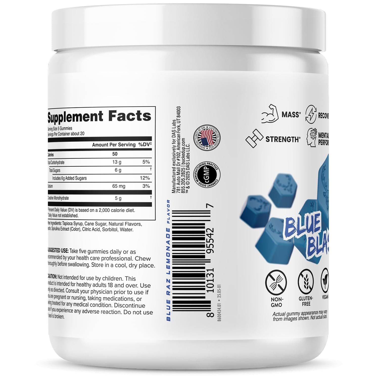Bucked Up Creatine Gummy Bucks Blue Blast gummies on a table