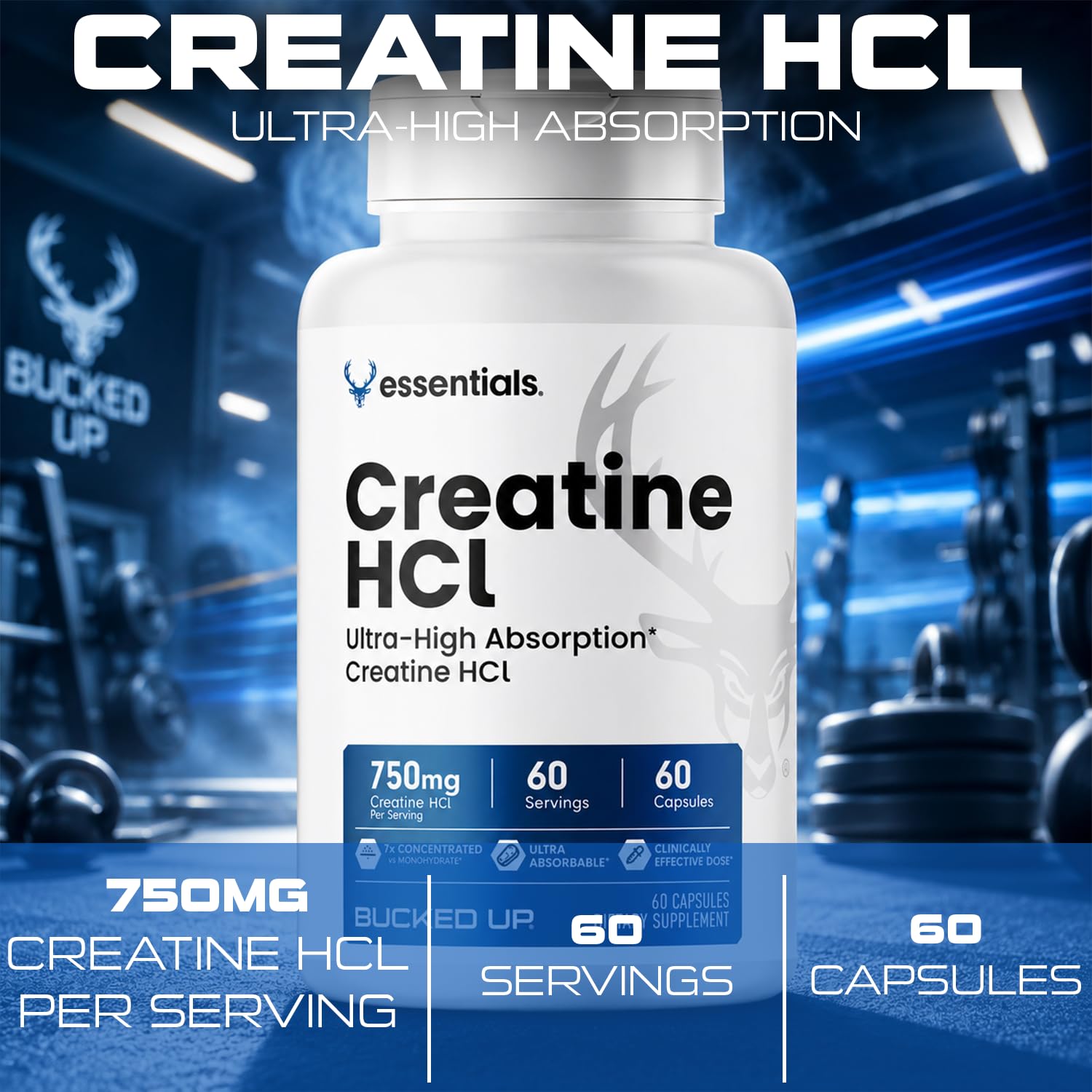 Bucked Up Creatine HCl 750mg capsules bottle with label