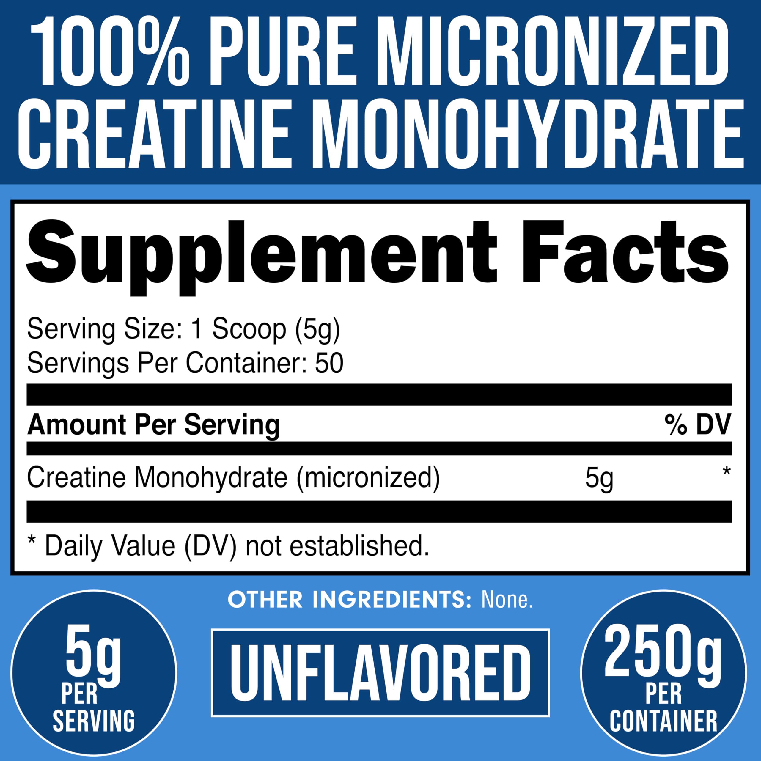 Bucked Up Creatine Monohydrate 250g back view with nutritional information