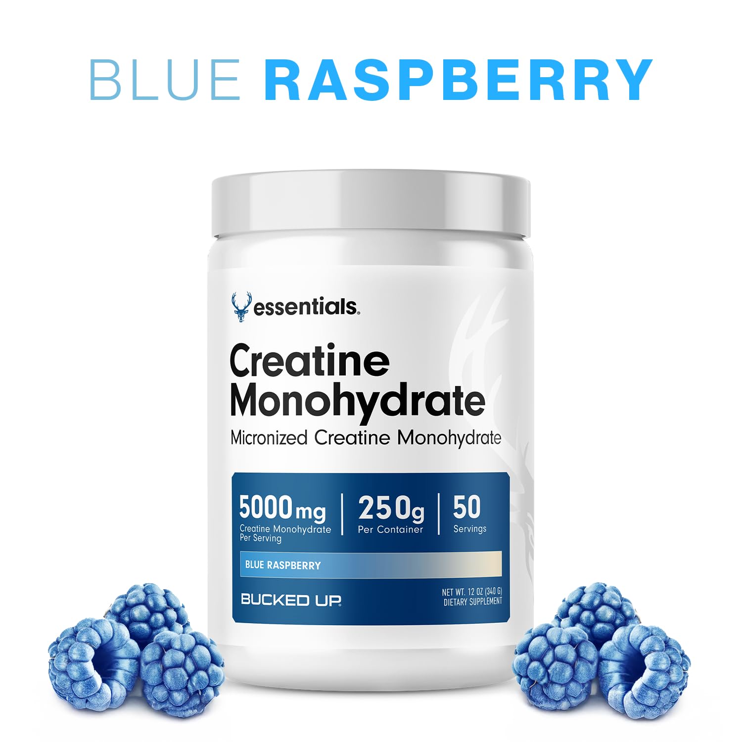 Bucked Up Creatine Monohydrate Blue Raspberry 423g side view