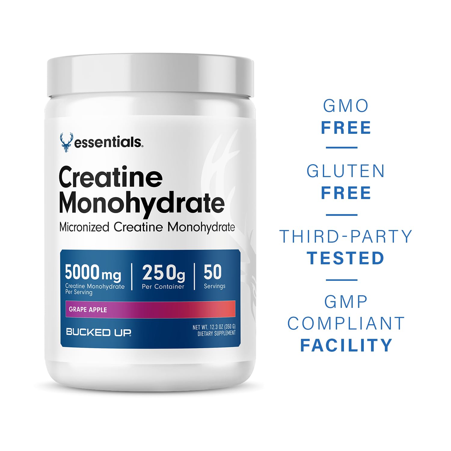 Bucked Up Creatine Monohydrate Powder 423g Grape Apple with gym equipment