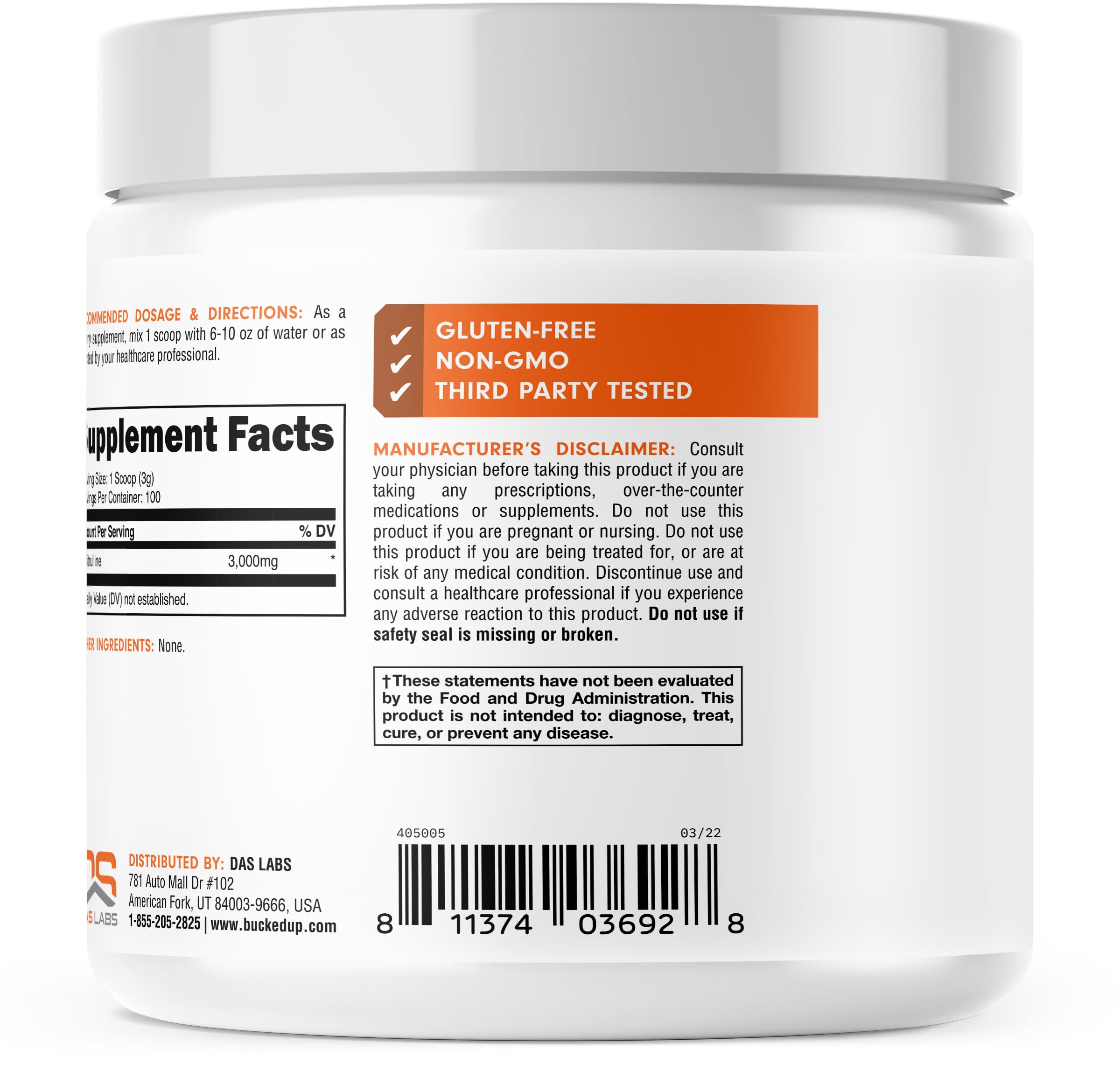 Bucked Up L-Citrulline Powder nutritional information label
