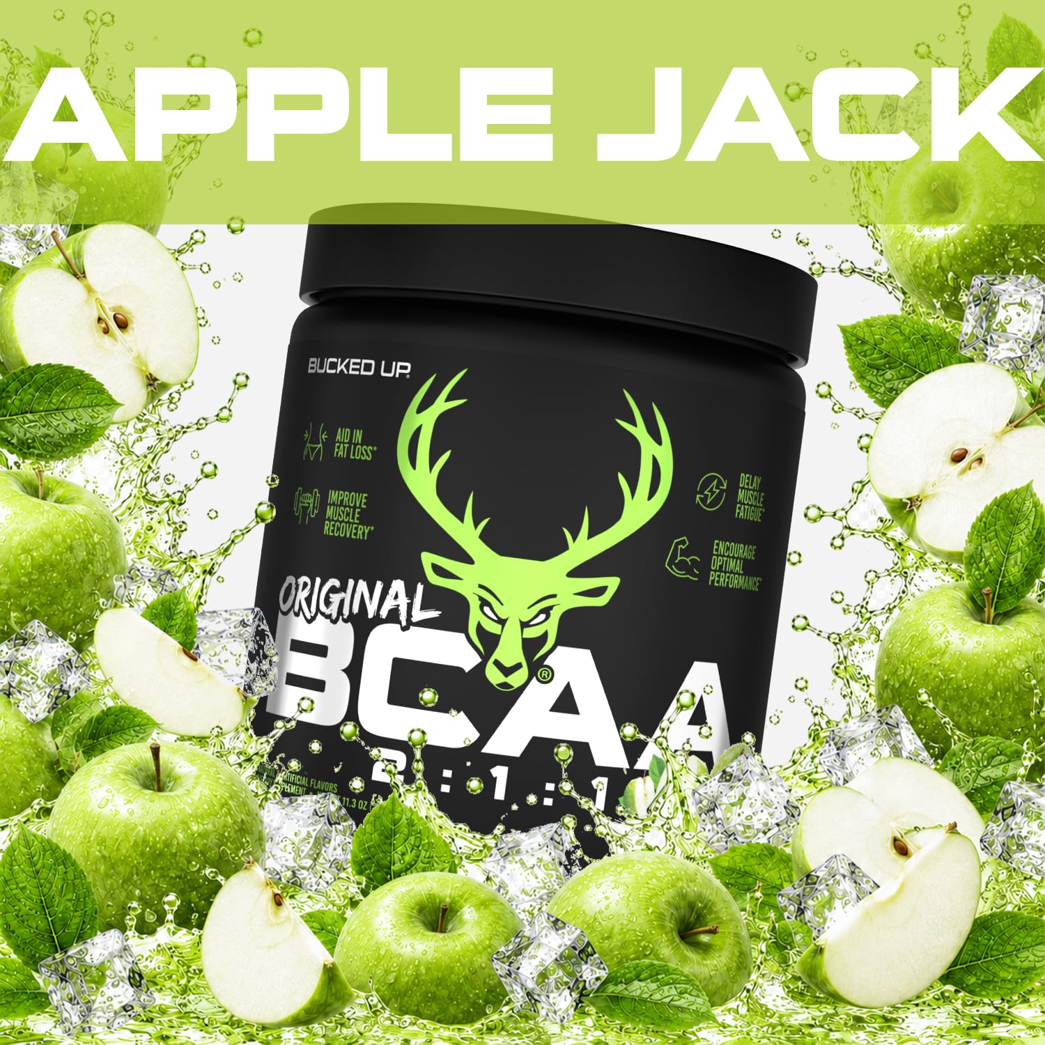 Bucked Up OG BCAA Powder 340g Apple Jacked flavour tub on a gym bench