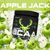 Bucked Up OG BCAA Powder 340g Apple Jacked flavour tub on a gym bench