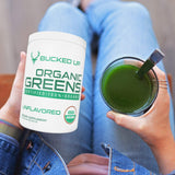 Bucked Up Organic Greens 327g displayed with health supplements