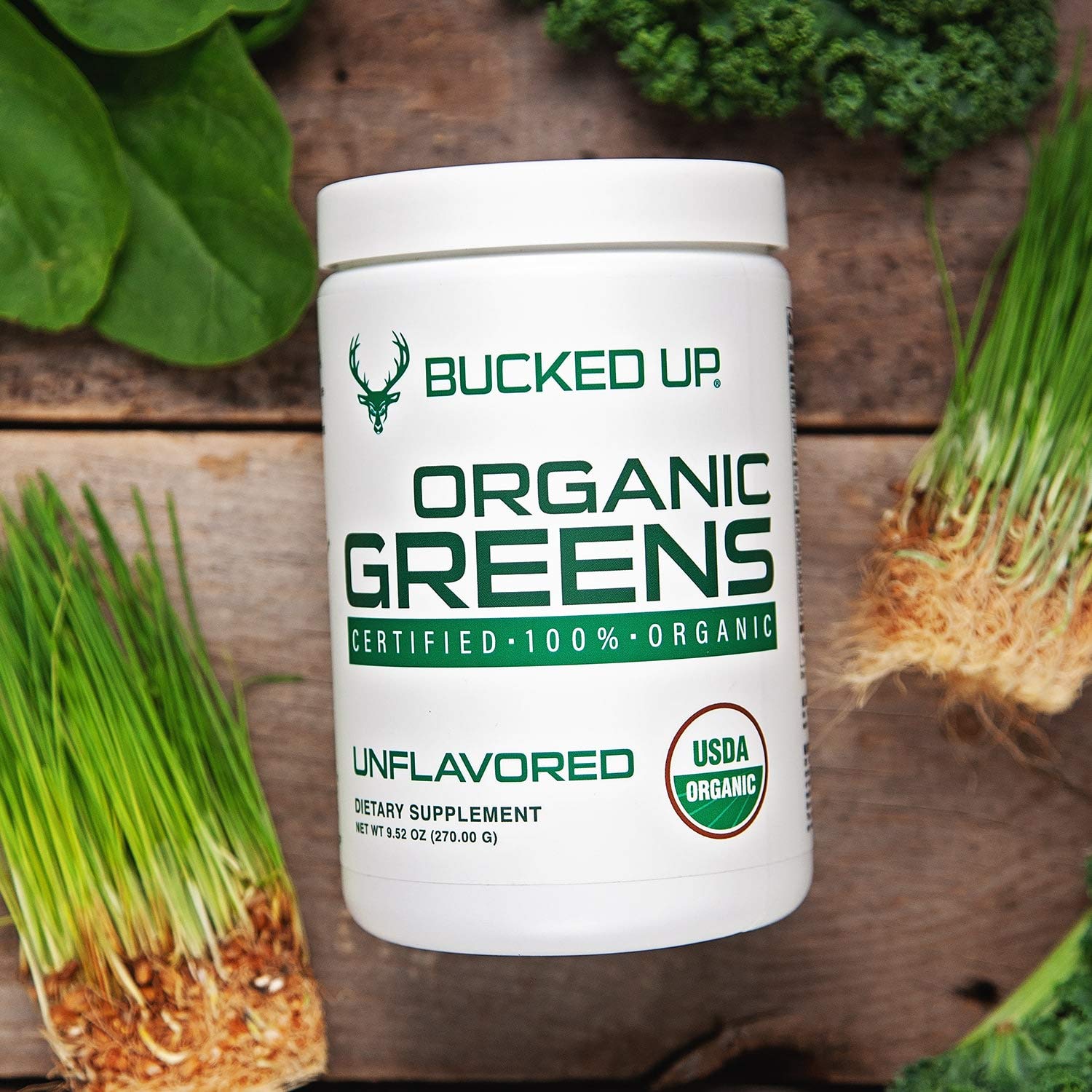 Bucked Up Organic Greens 327g with fresh vegetables