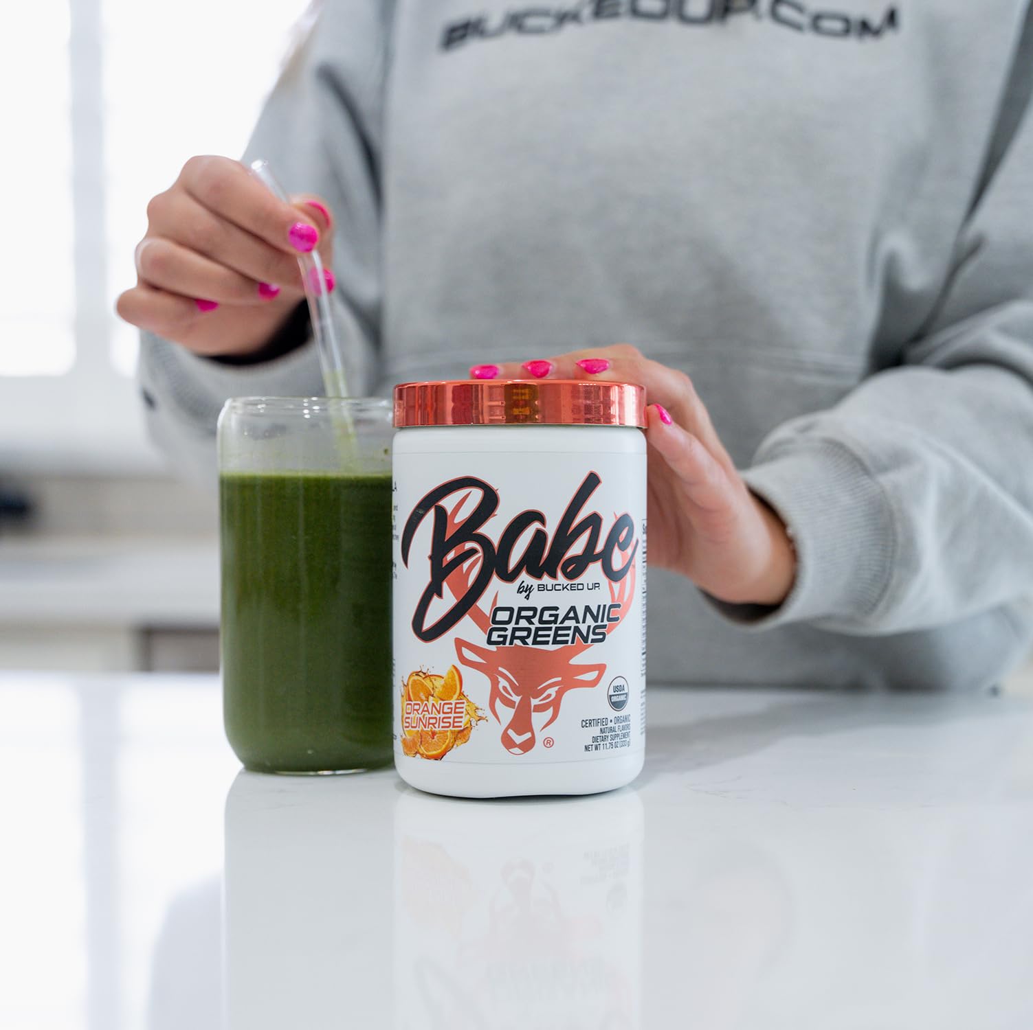 Bucked Up Organic Greens Powder 408g with scoop