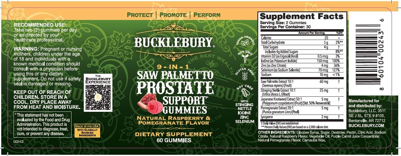 BUCKLEBURY Saw Palmetto Gummies 9-in-1 nutritional information