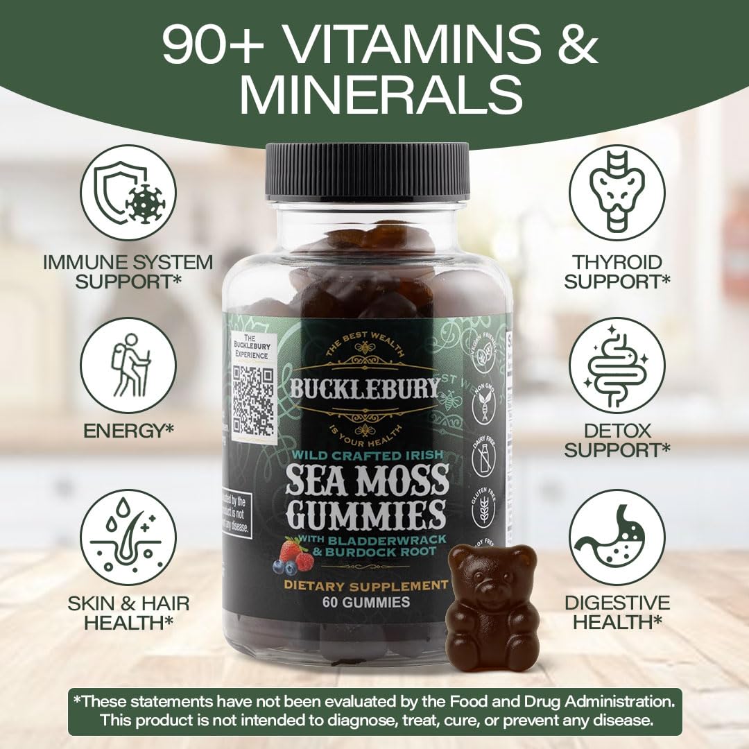 BUCKLEBURY Sea Moss Gummies 1750mg gummies on a table
