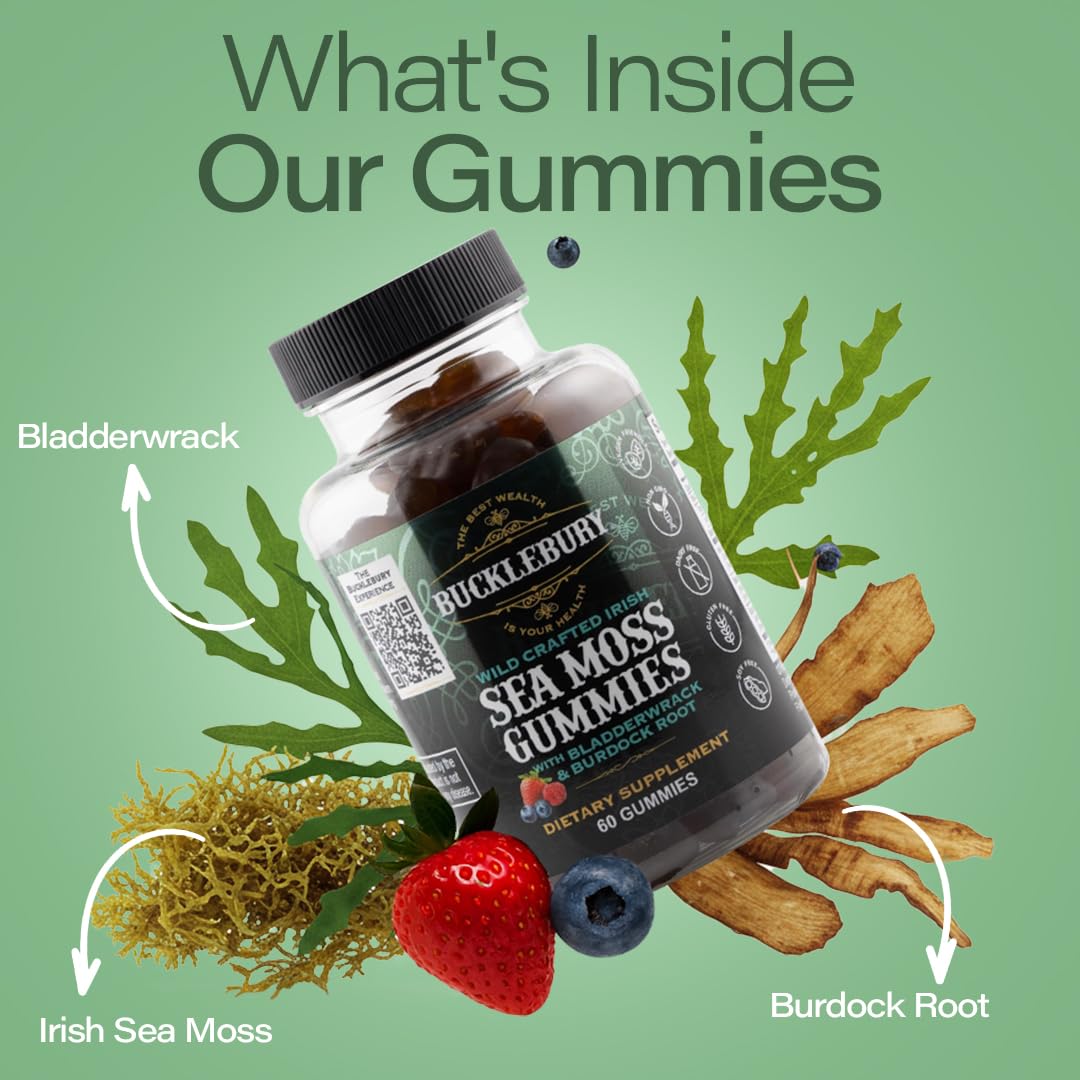 BUCKLEBURY Sea Moss Gummies 1750mg with a measuring spoon