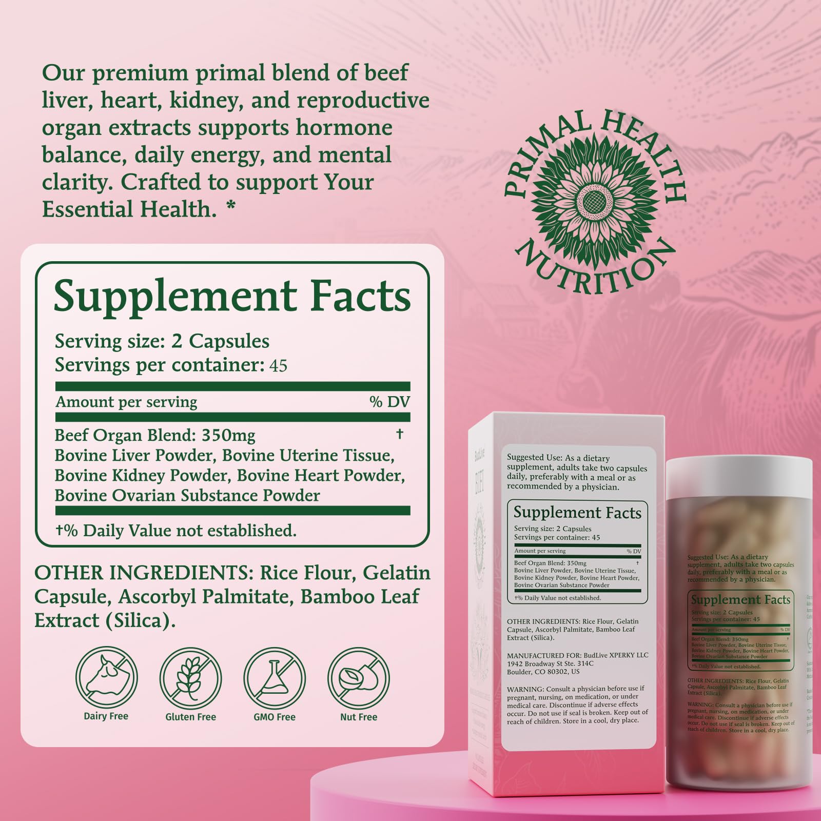 BudLive Beef Organ Supplement for Women bottle with capsules
