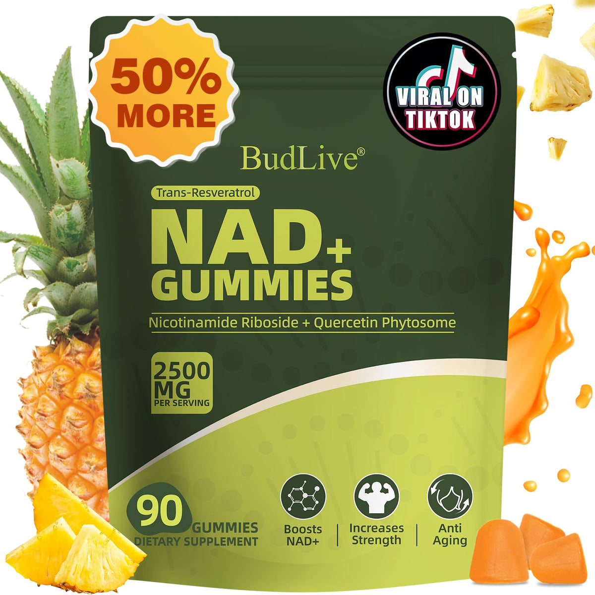 BudLive NAD+ Resveratrol Gummies bottle front view with pineapple flavour