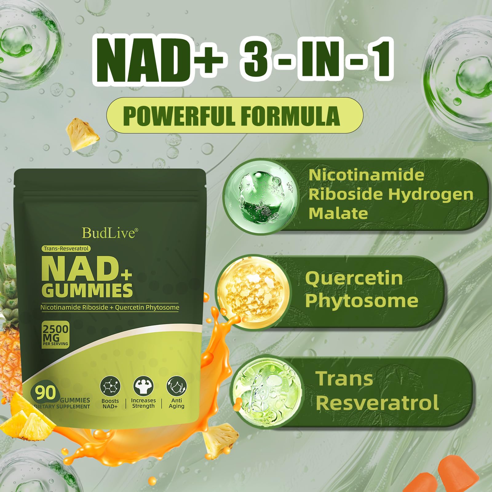 BudLive NAD+ Resveratrol Gummies displayed on a wooden table