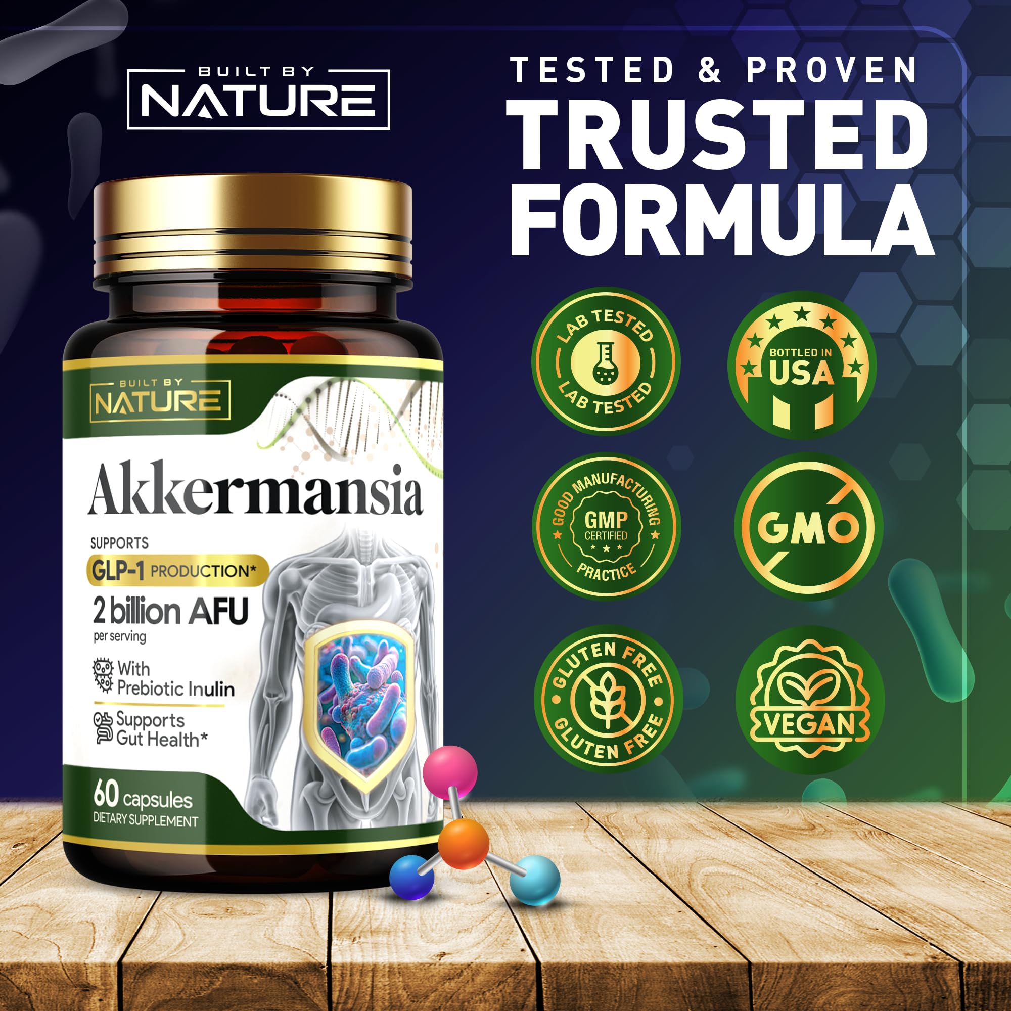Built by Nature Akkermansia Probiotic Supplement capsules in a hand