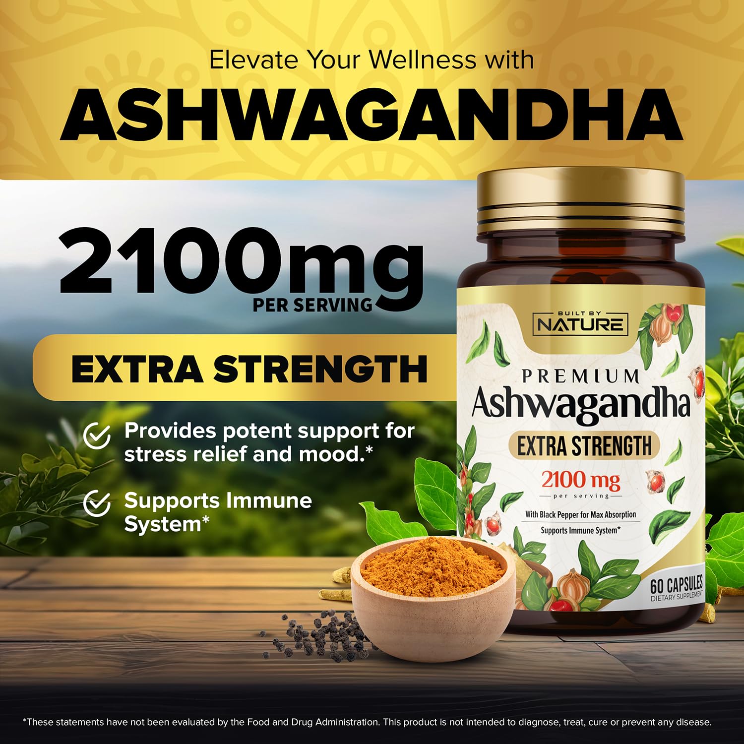 Built by Nature Ashwagandha 2100mg capsules side view