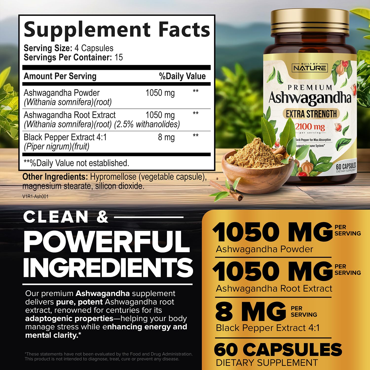 Built by Nature Ashwagandha capsules on a wooden surface