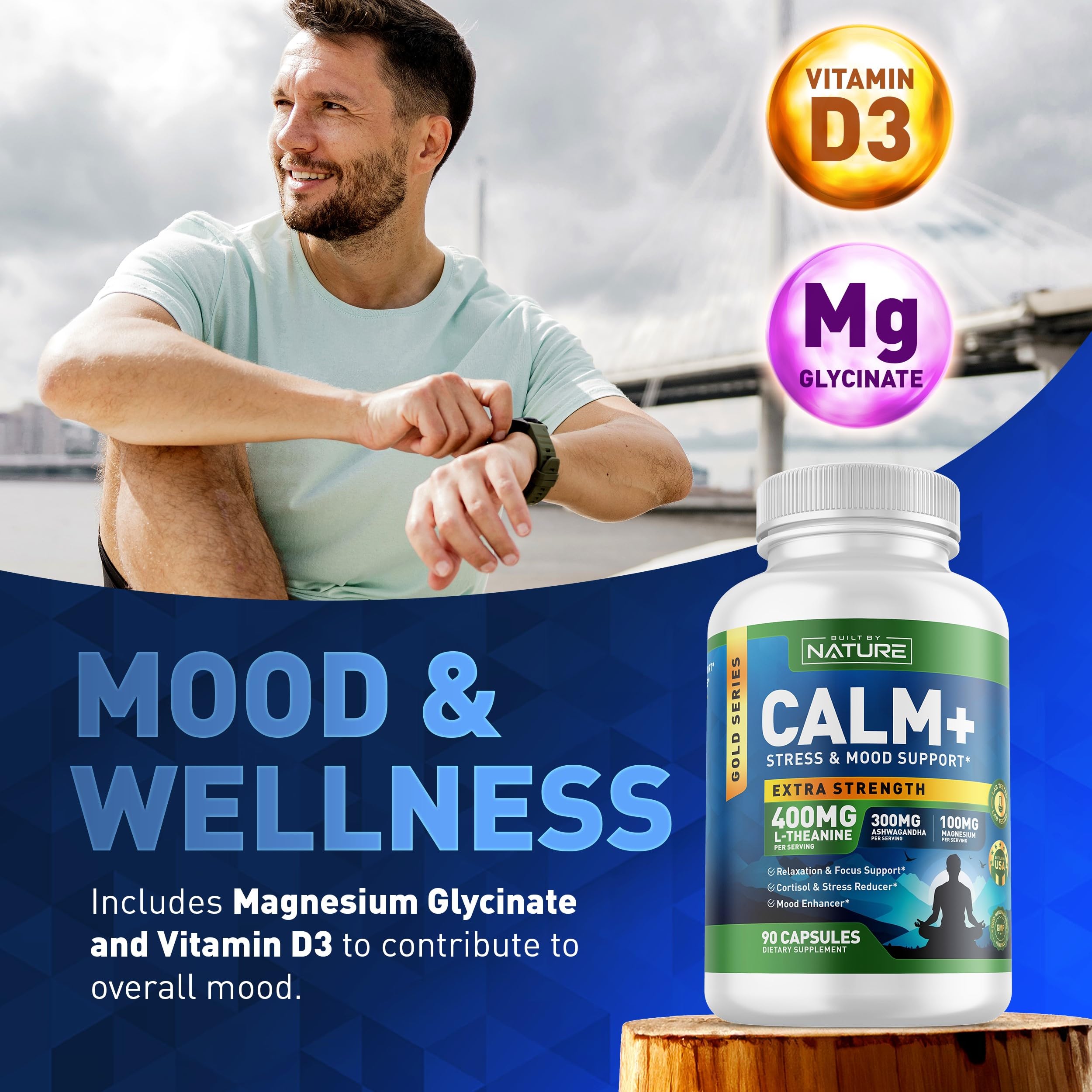 Built by Nature Calm+ Sleep Supplement Capsules on a wooden table