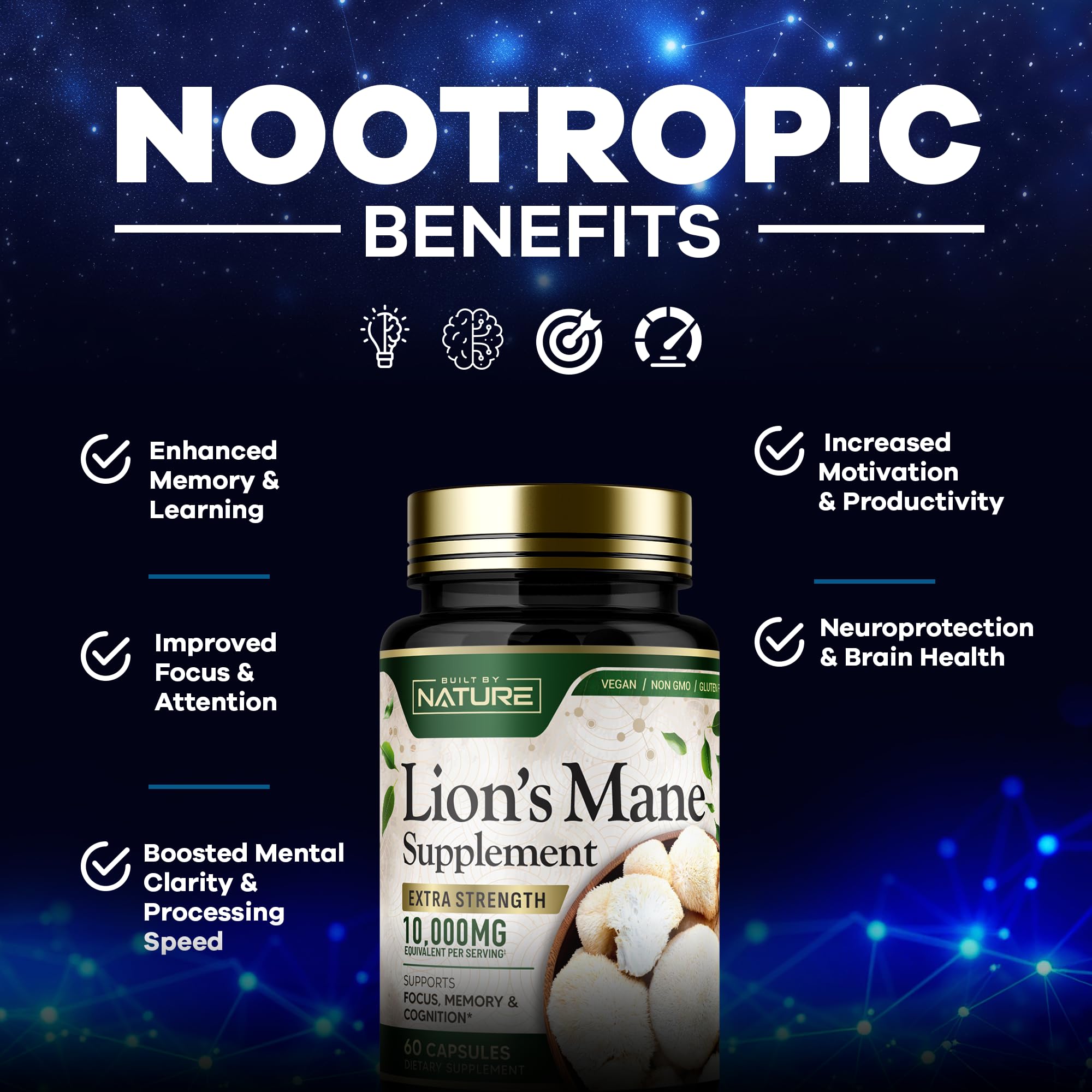 Built by Nature Lion’s Mane Mushroom Supplement label close-up