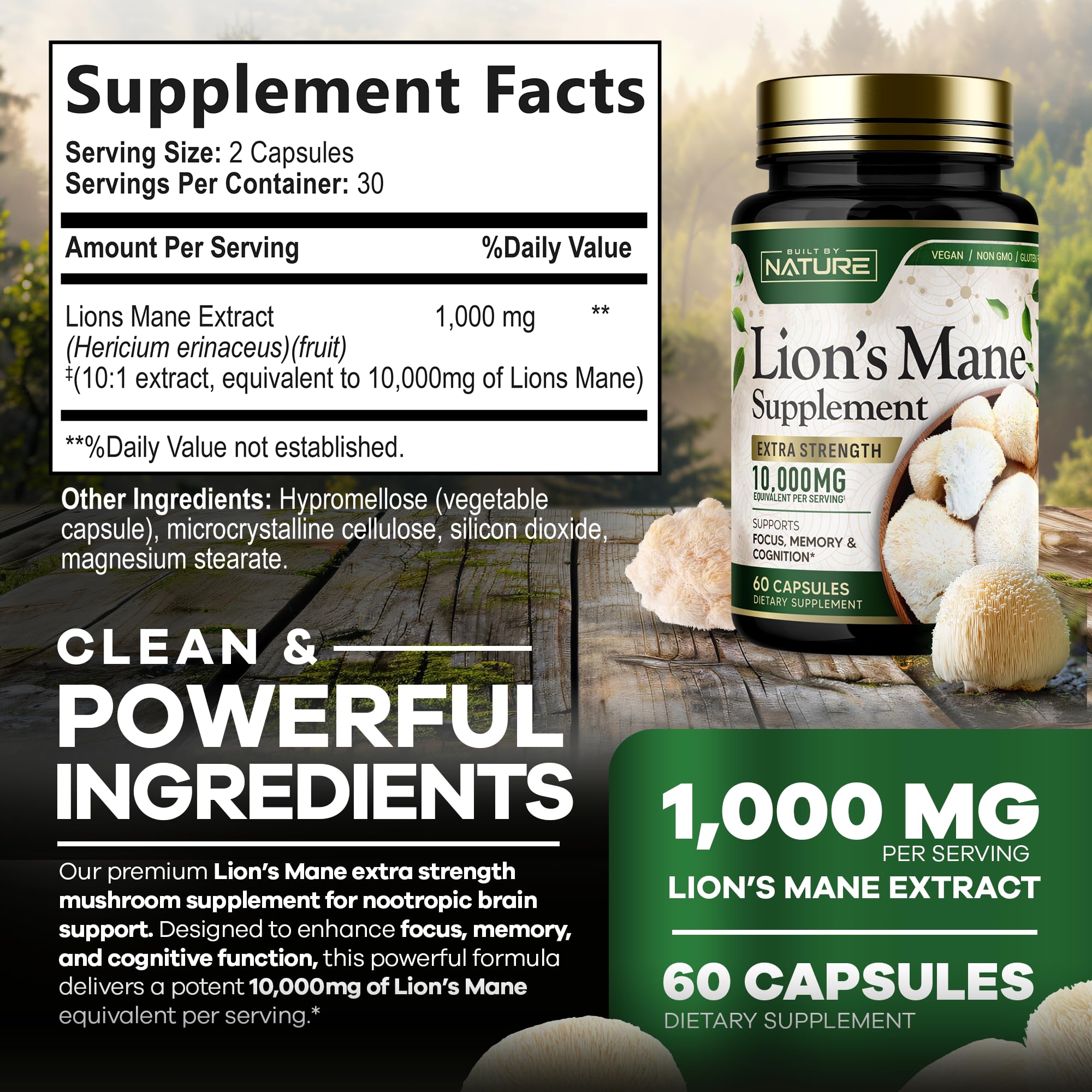 Built by Nature Lion’s Mane Mushroom Supplement packaging