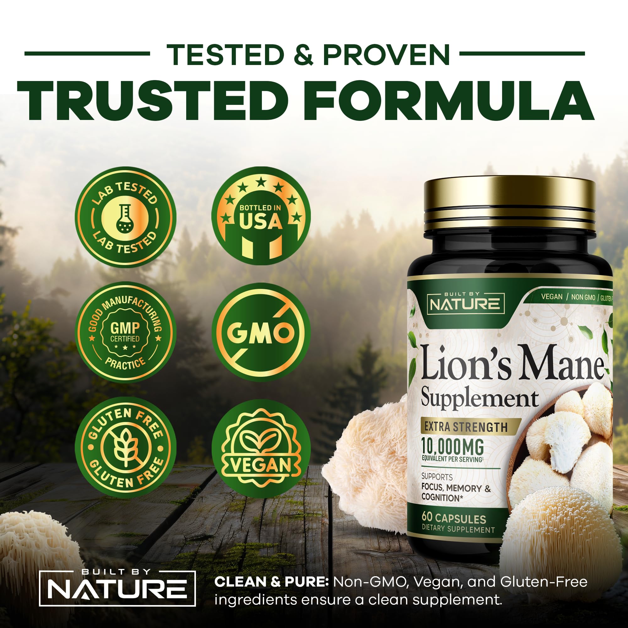 Built by Nature Lion’s Mane Mushroom Supplement with measuring spoon