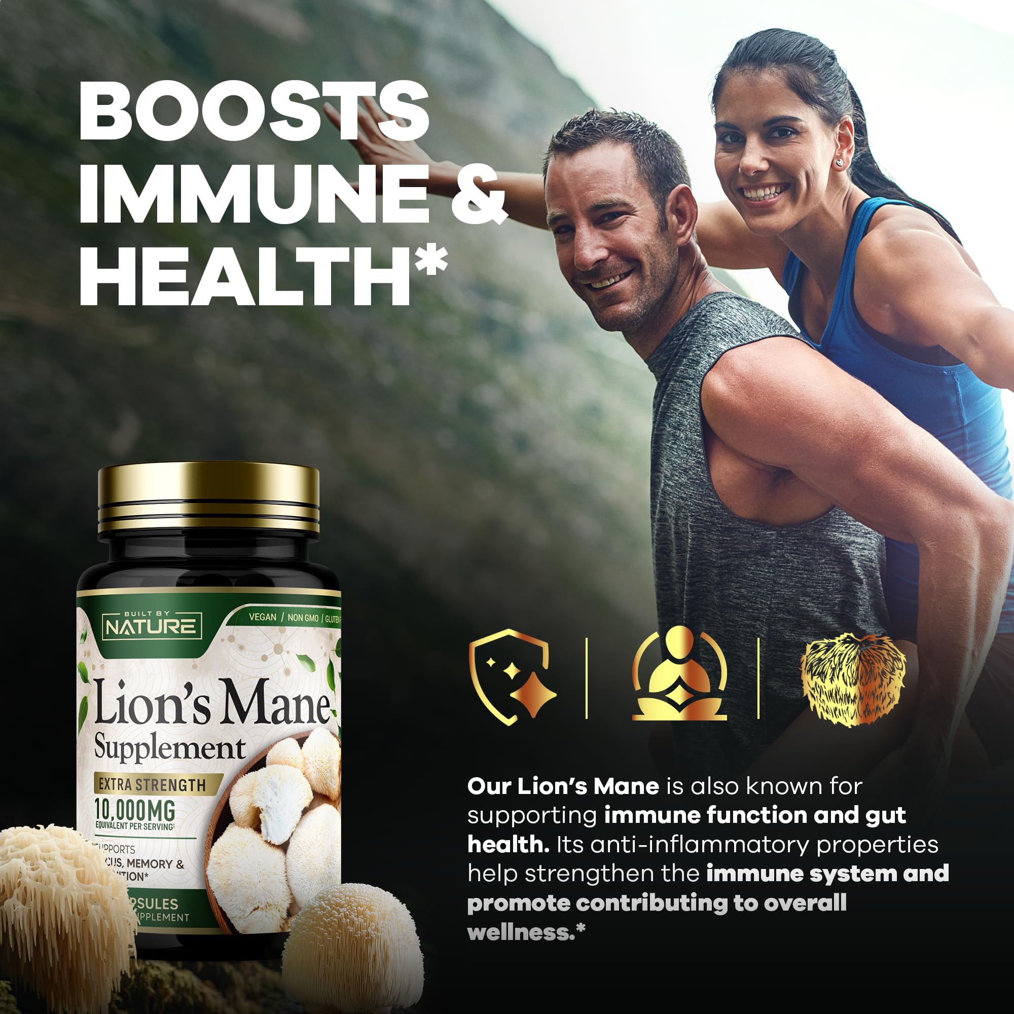 Built by Nature Lion’s Mane Mushroom Supplement with natural background