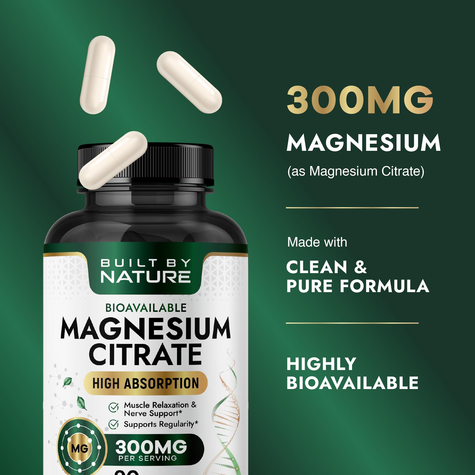 Built by Nature Magnesium Citrate 300mg capsules in a hand
