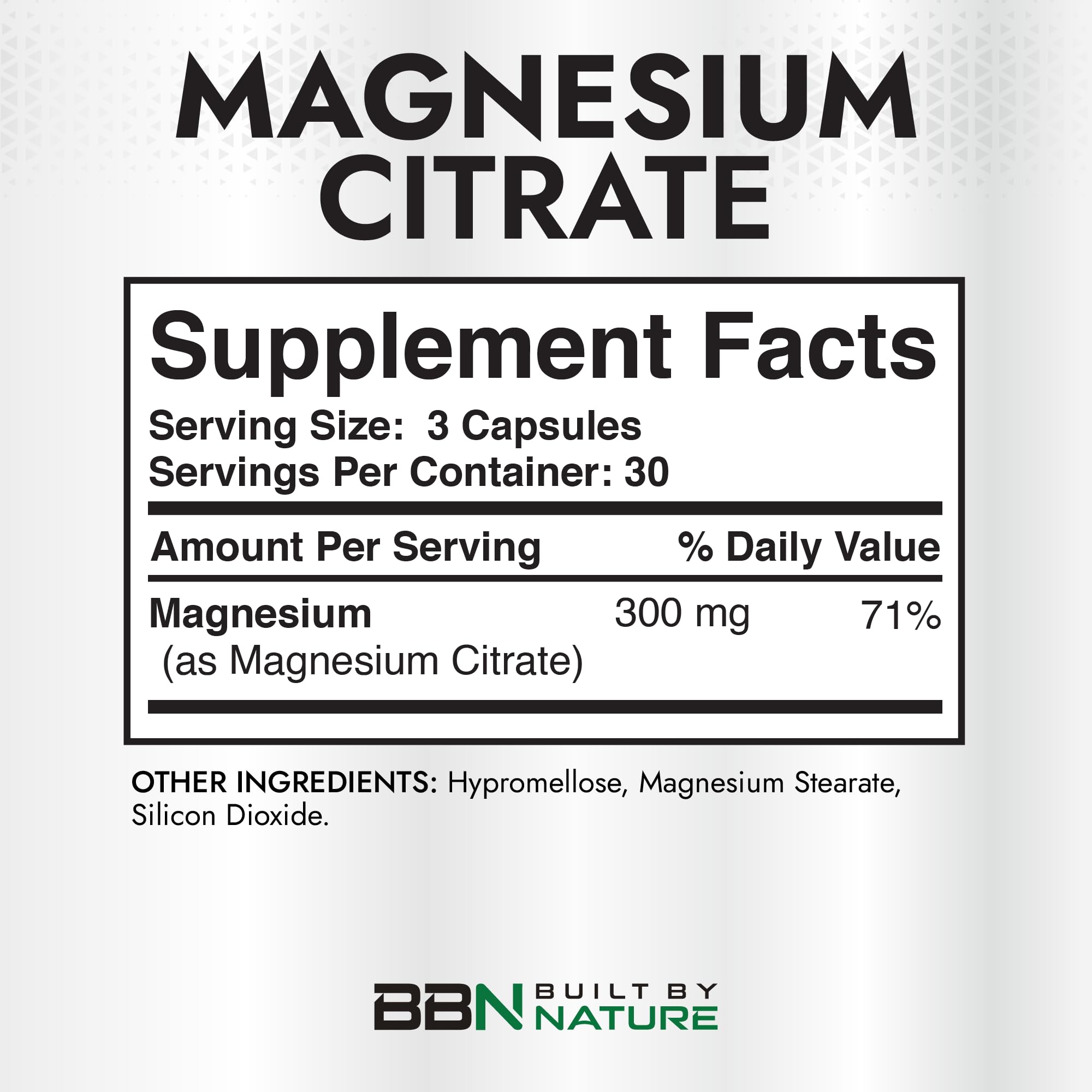 Built by Nature Magnesium Citrate 300mg supplement bottle with label details