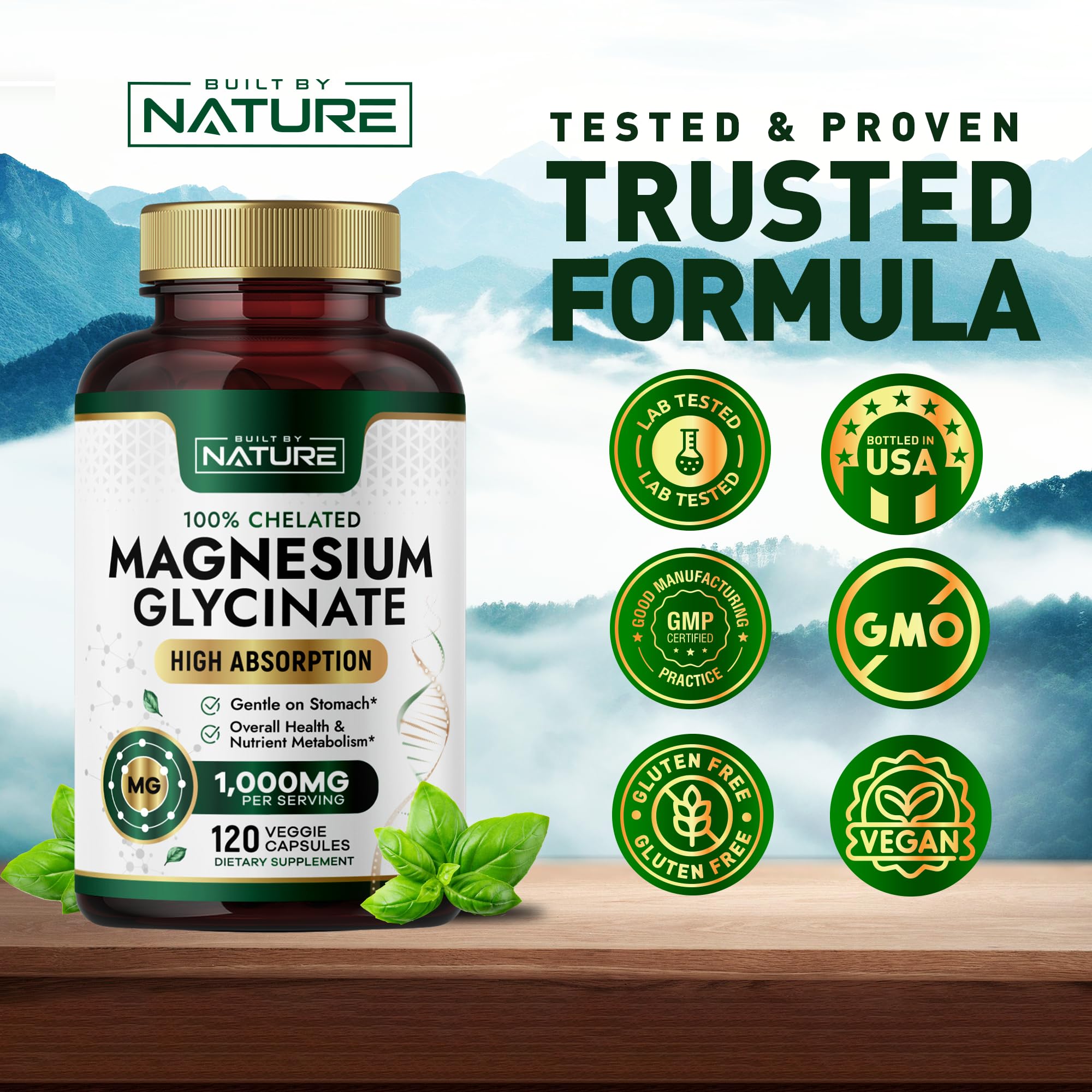 Built by Nature Magnesium Glycinate 1000mg capsules displayed with a glass of water