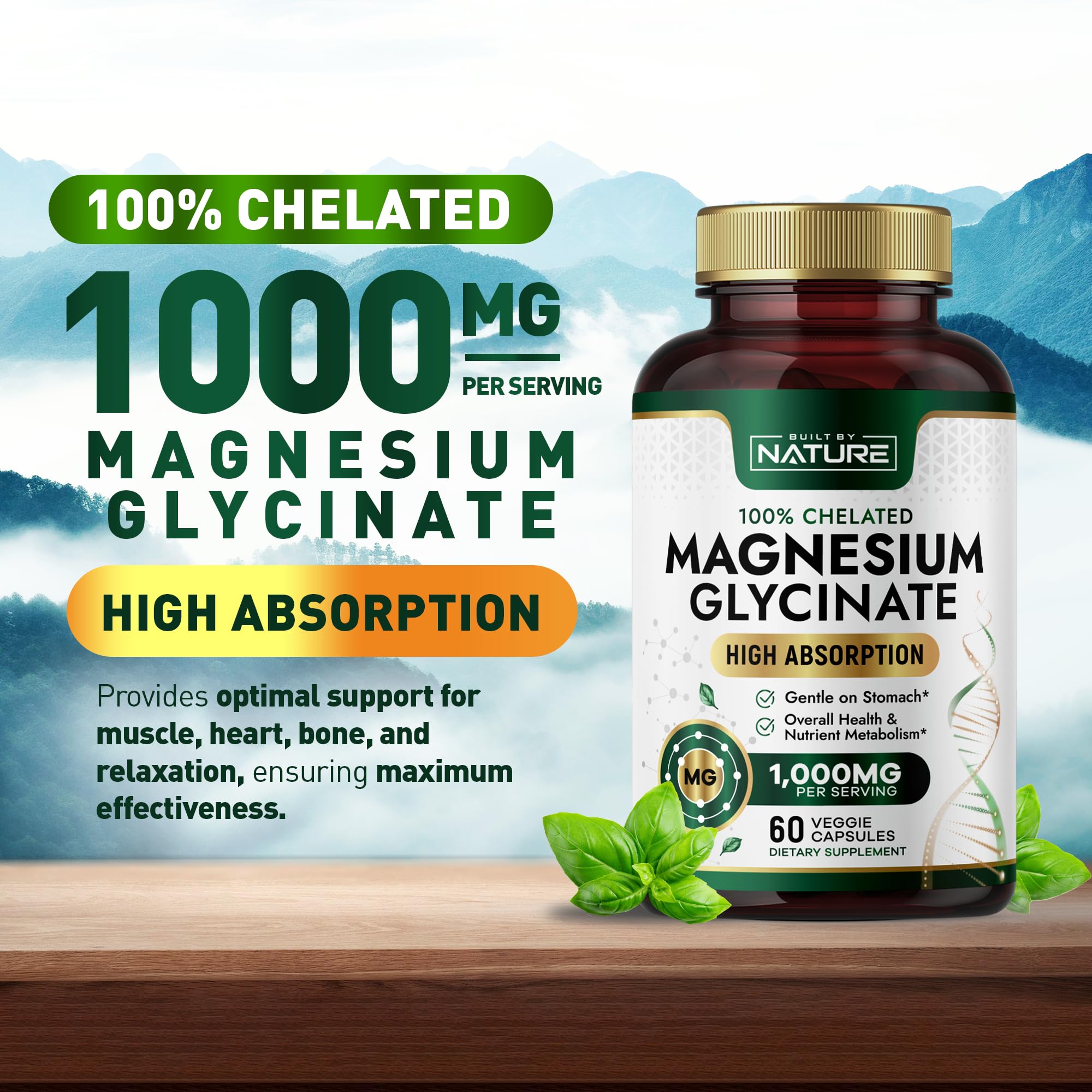 Built by Nature Magnesium Glycinate 1000mg capsules in a bowl