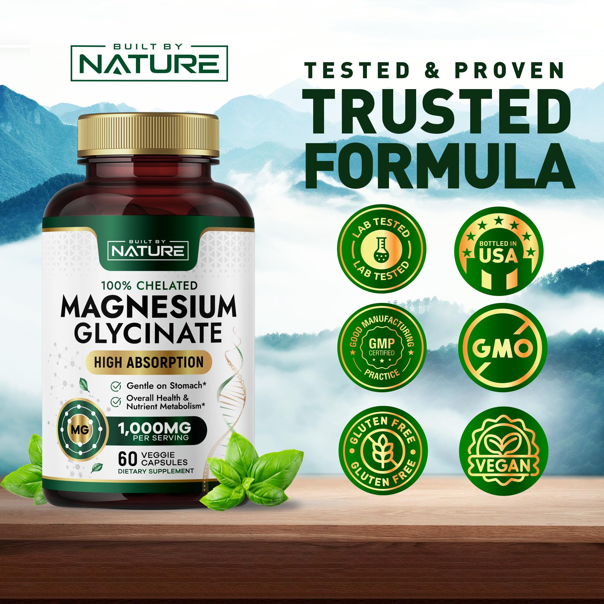 Built by Nature Magnesium Glycinate 1000mg capsules in a hand