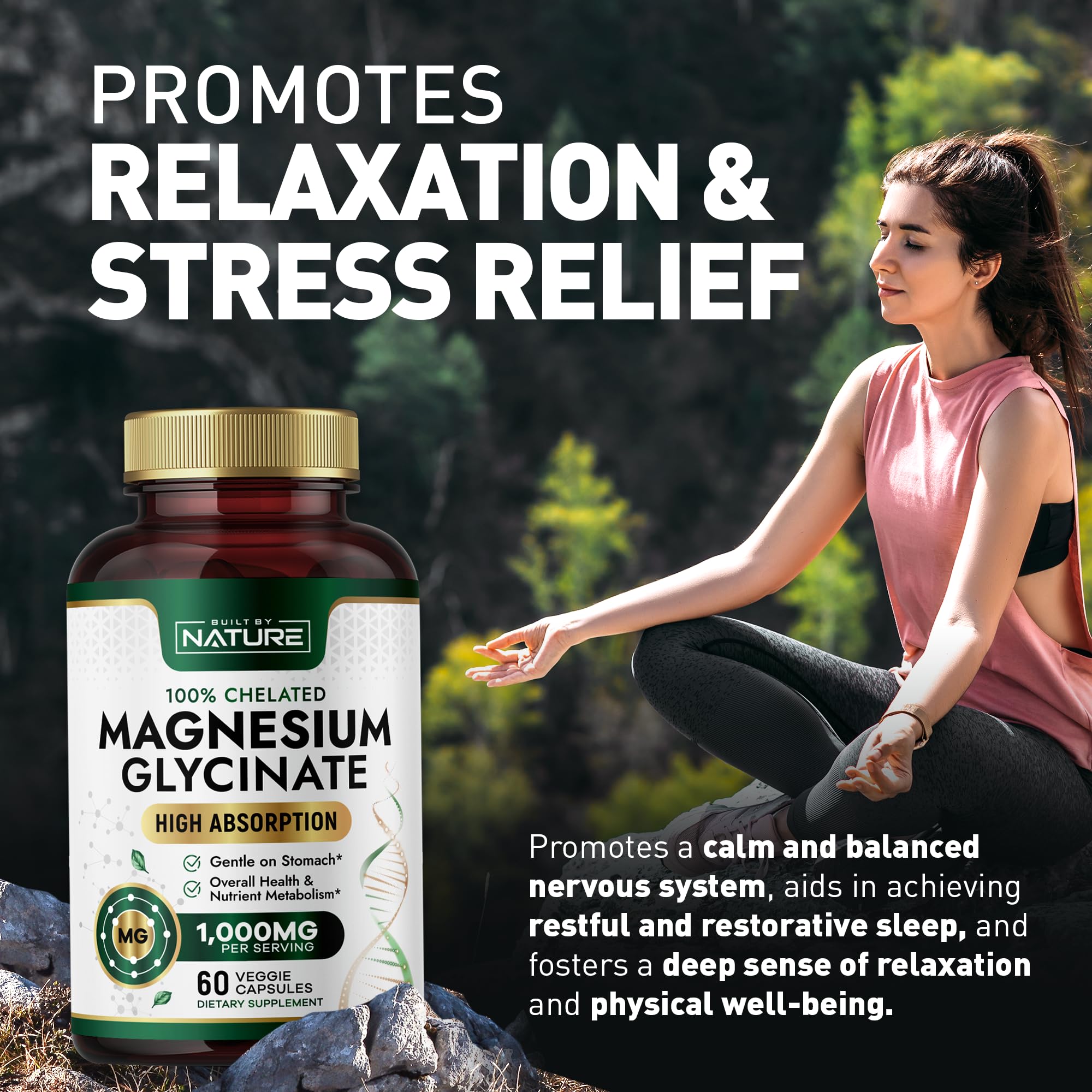 Built by Nature Magnesium Glycinate 1000mg capsules on a wooden surface