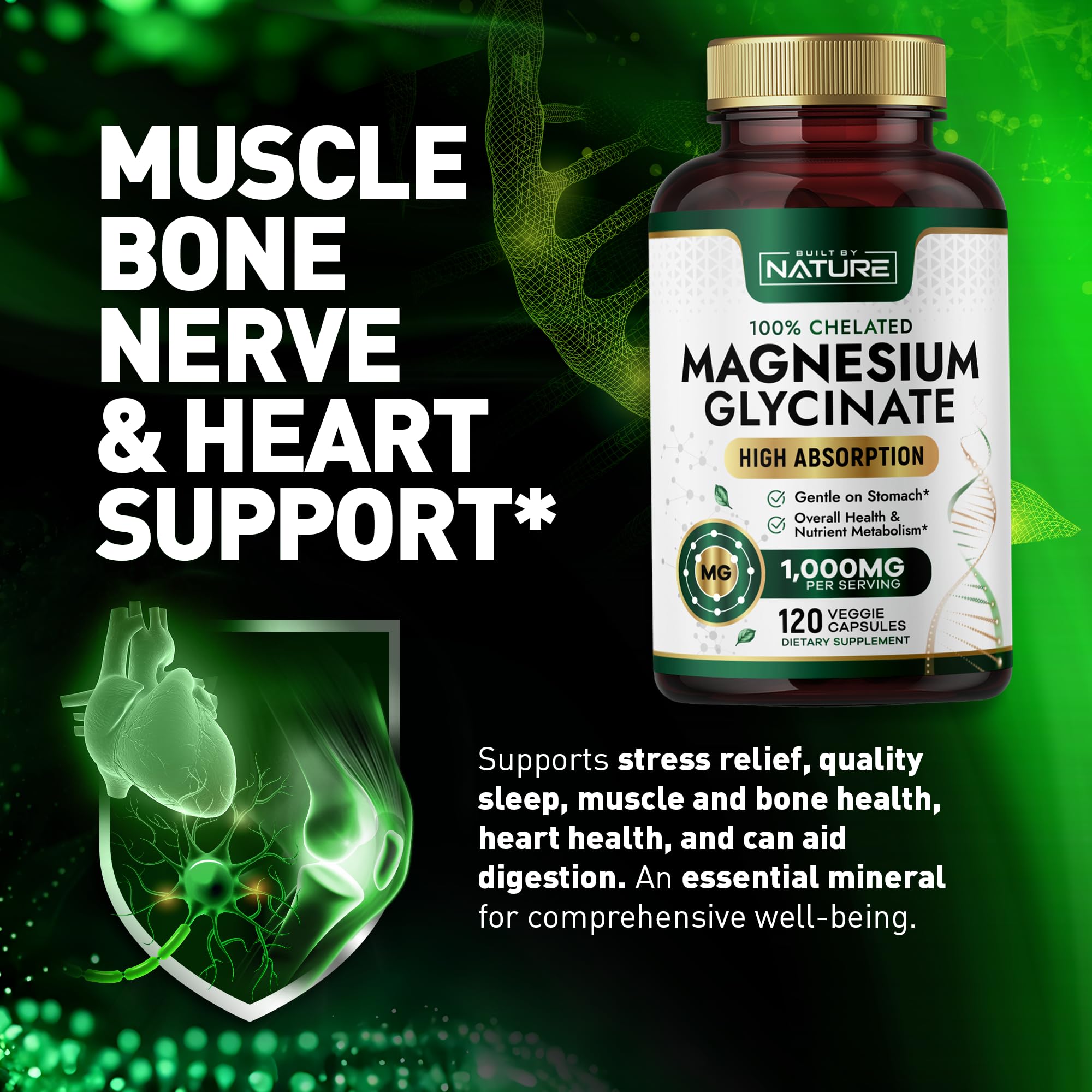 Built by Nature Magnesium Glycinate 1000mg capsules on a wooden table