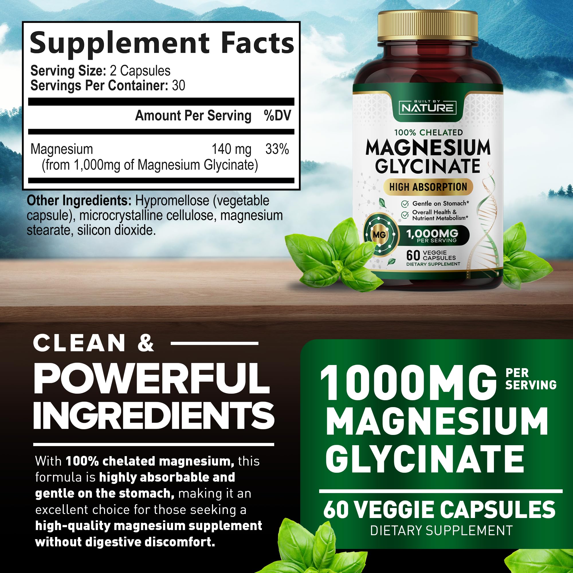 Built by Nature Magnesium Glycinate 1000mg packaging with a plant background