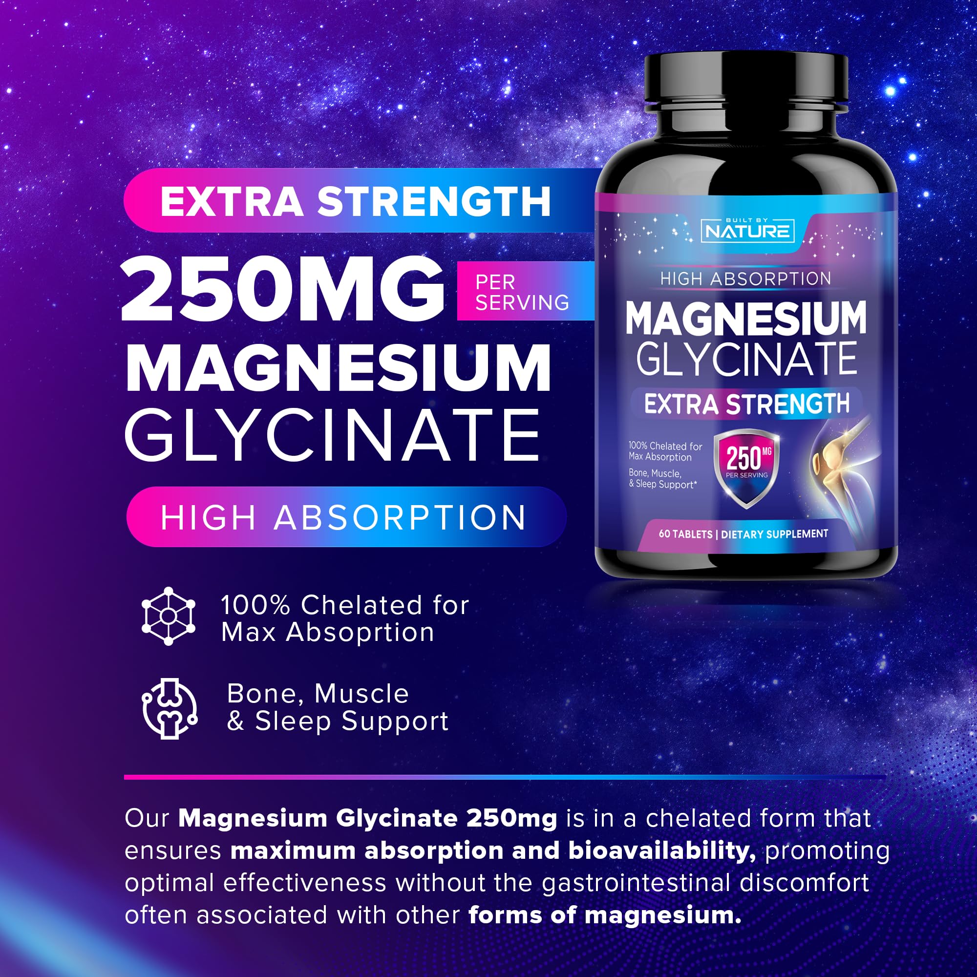 Built by Nature Magnesium Glycinate 250mg tablets bottle with label